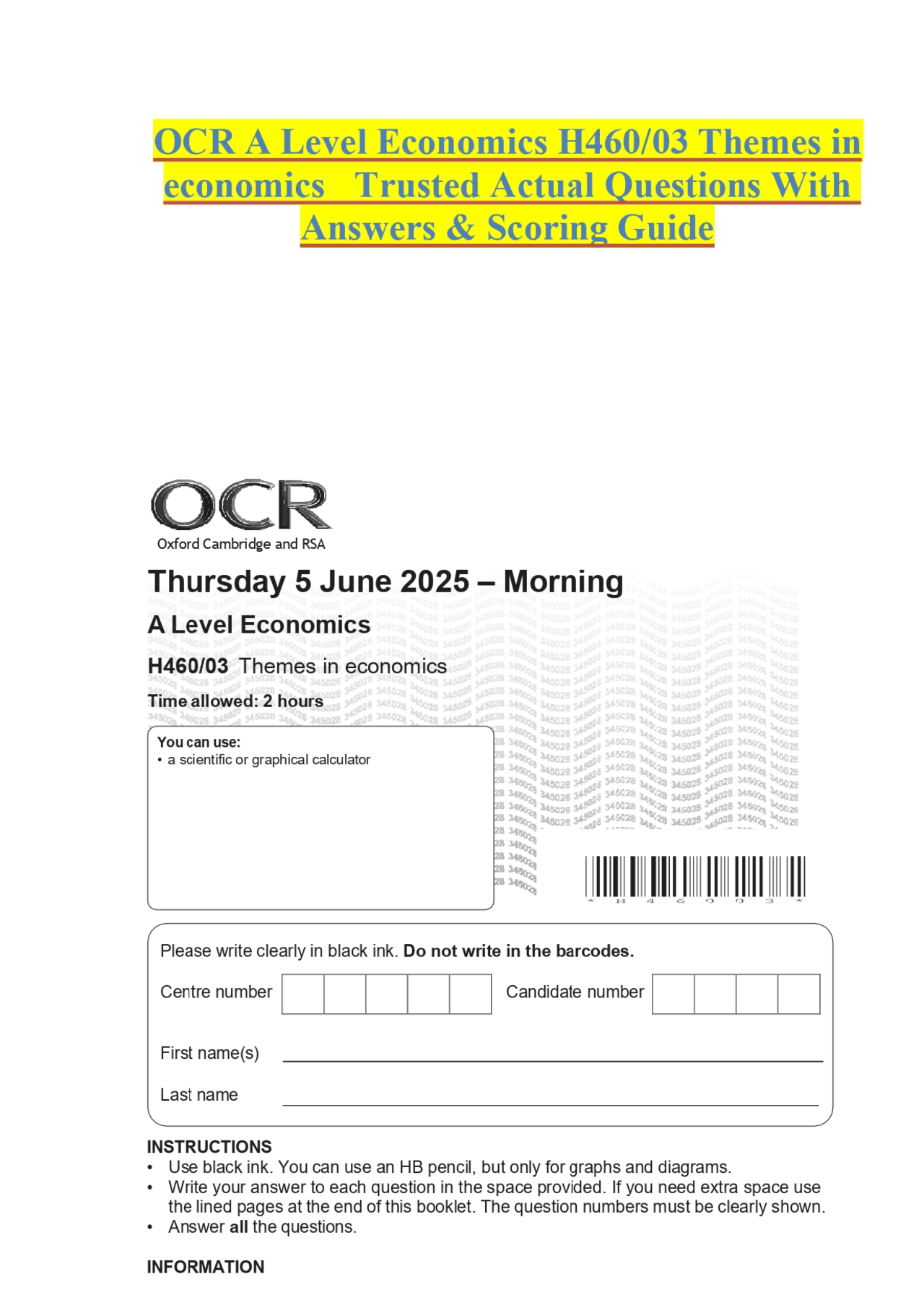 OCR A Level Economics H460/03 Themes in economics Trusted Actual ...