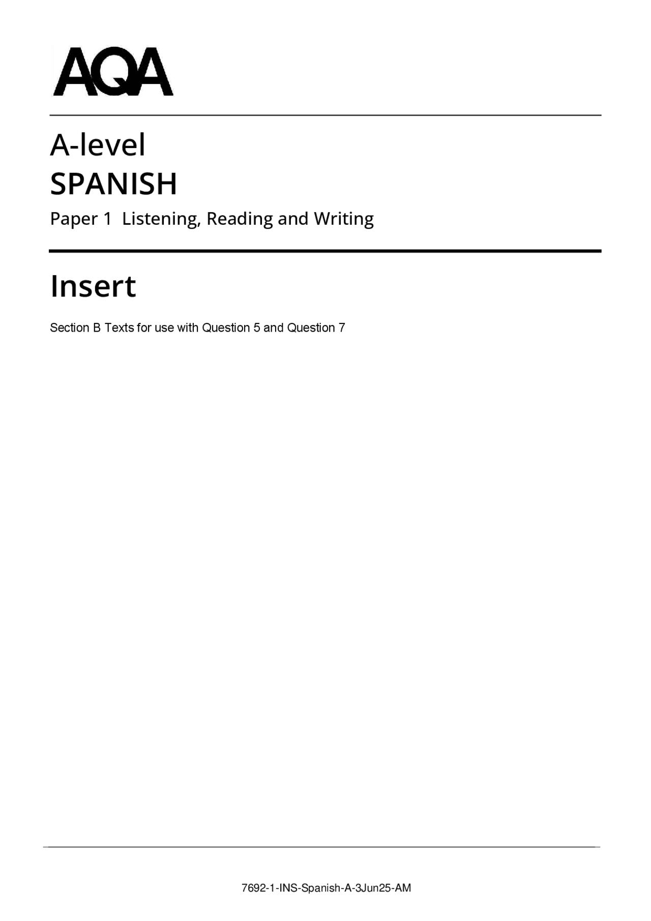 2025 AQA A-Level Spanish Paper 1 Listening, Reading and Writing ...