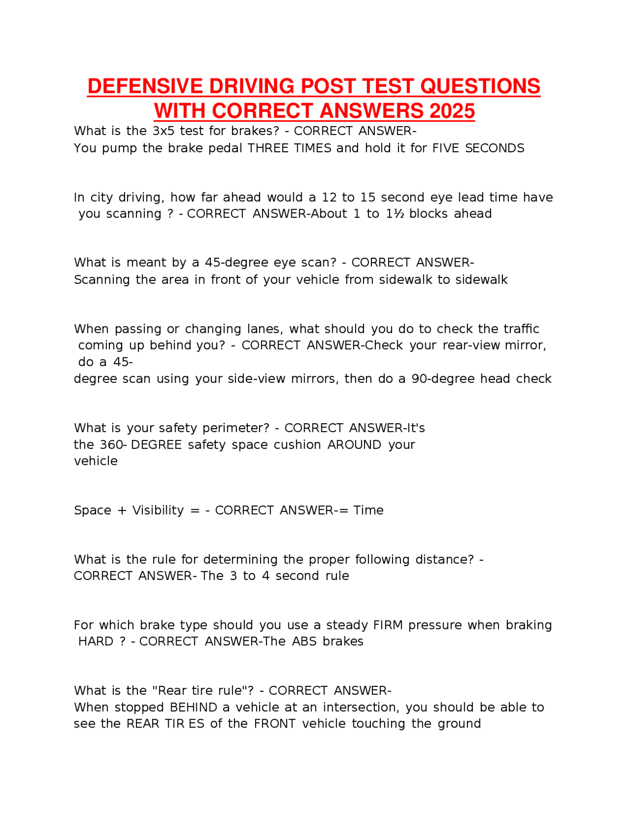 Defensive Driving Post-Test 2026 – Questions with Correct Answers PDF ...