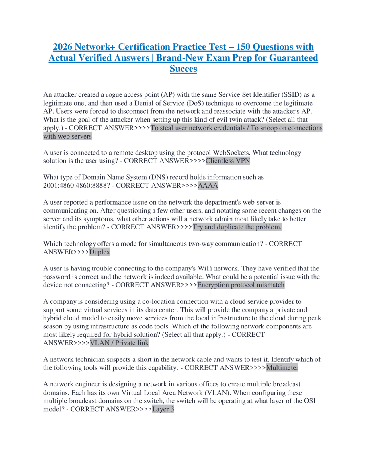 2026 Network+ Certification Practice Test – 150 Questions with Actual ...