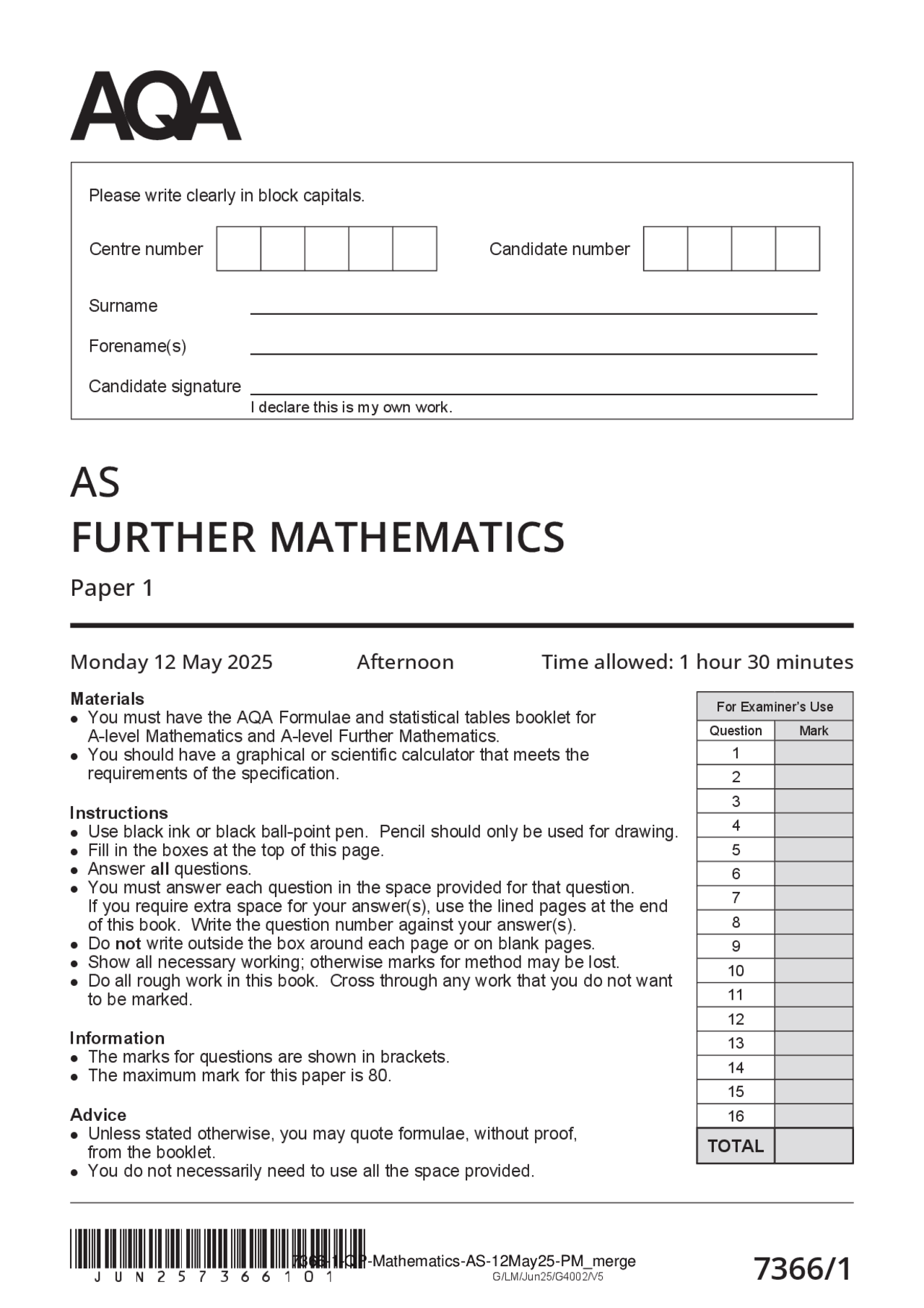 2025 AS Further Mathematics Paper 1 Pure Maths Verified Exam+Marking ...