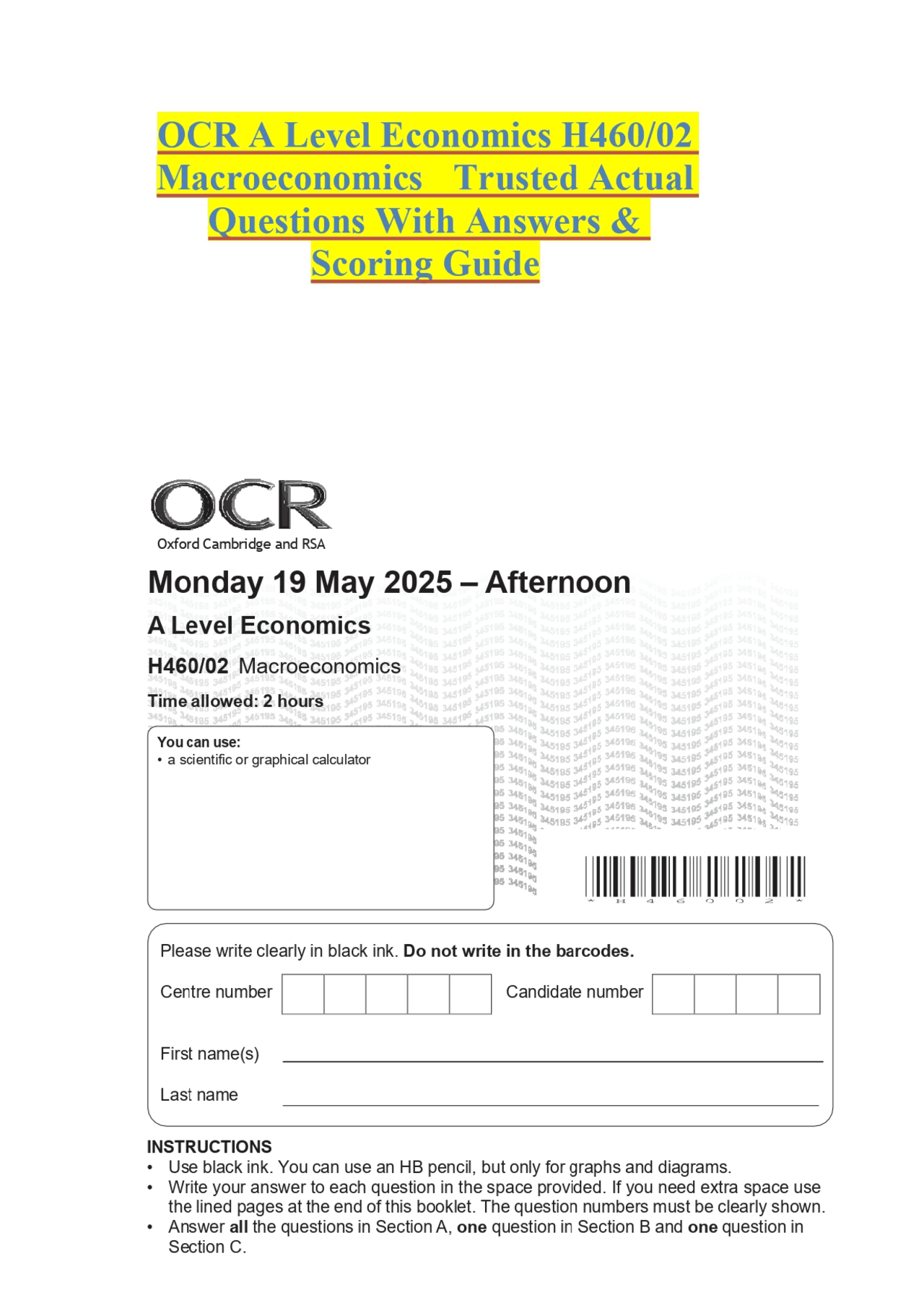 OCR A Level Economics H460/02 Macroeconomics Trusted Actual Questions ...