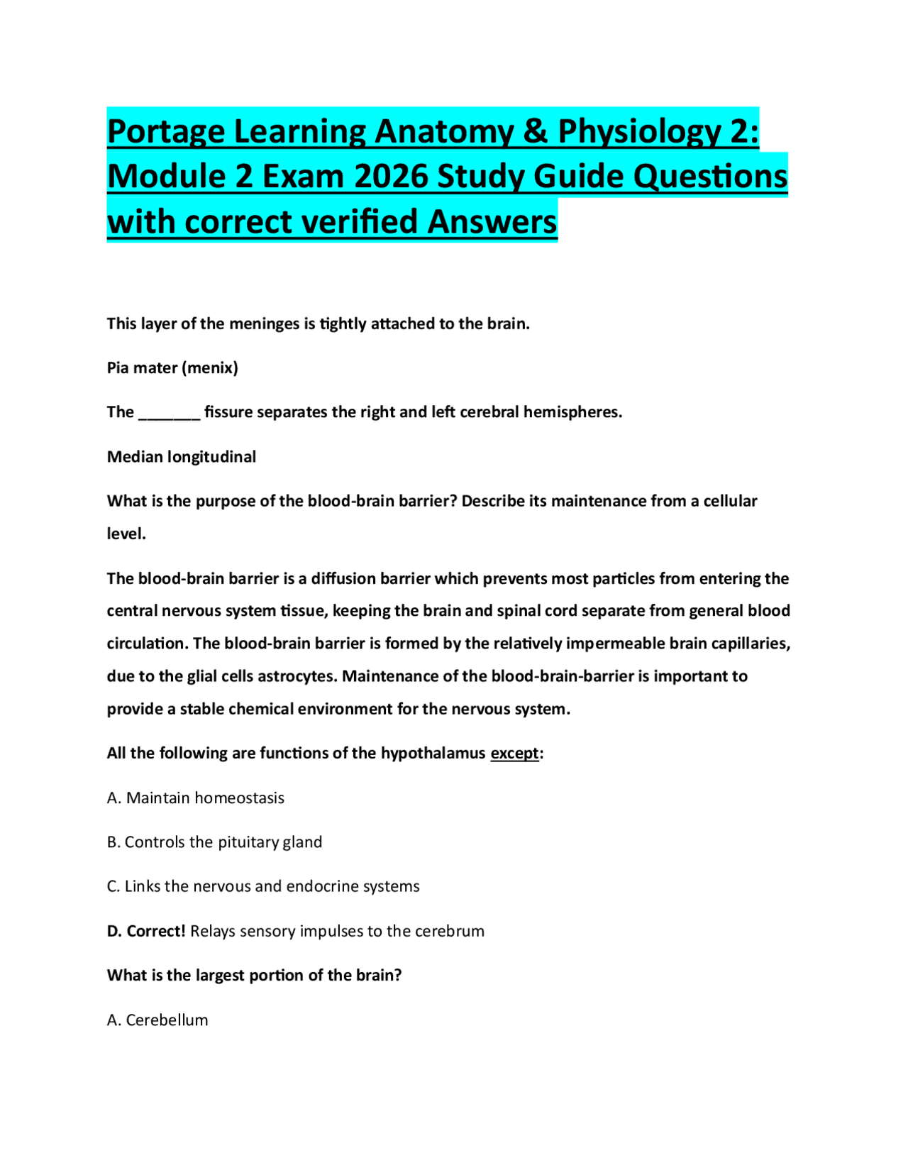 Portage Learning Anatomy & Physiology 2: Module 2 Exam 2026 Study Guide ...