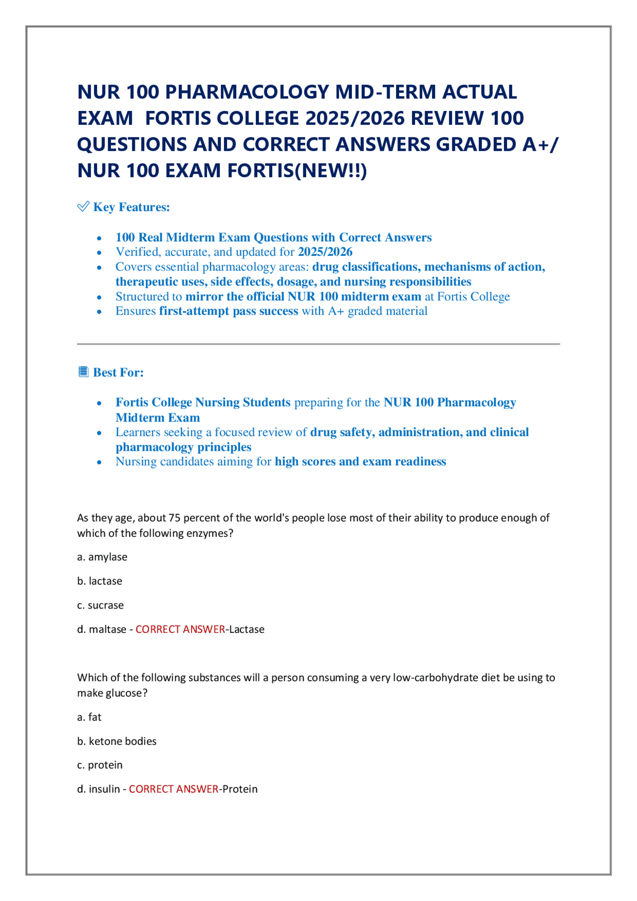 NUR 100 PHARMACOLOGY MID-TERM ACTUAL EXAM 2025/2026 REVIEW 100 ...