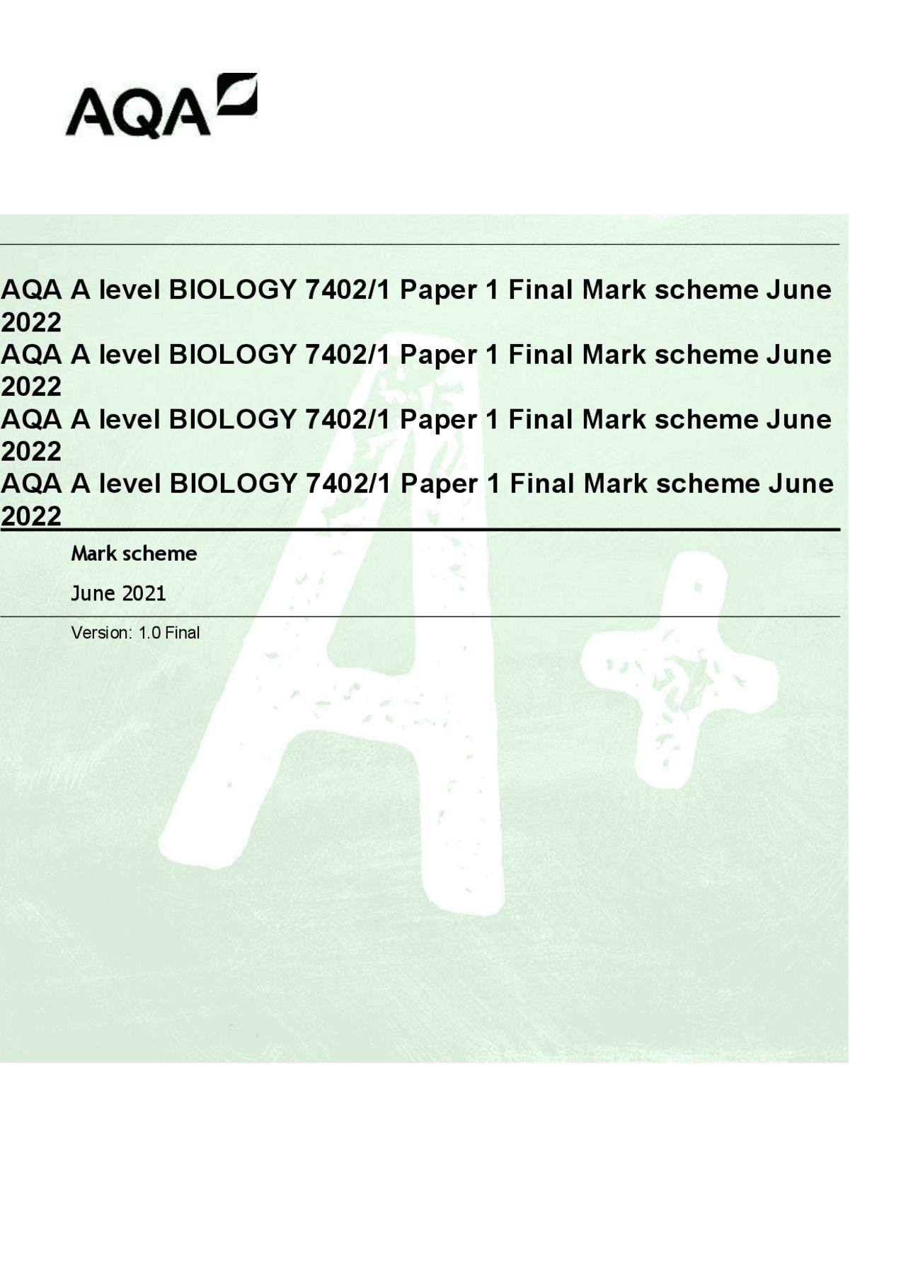 AQA A level BIOLOGY 7402/1 Paper 1 Final Mark scheme June 2022 AQA A ...