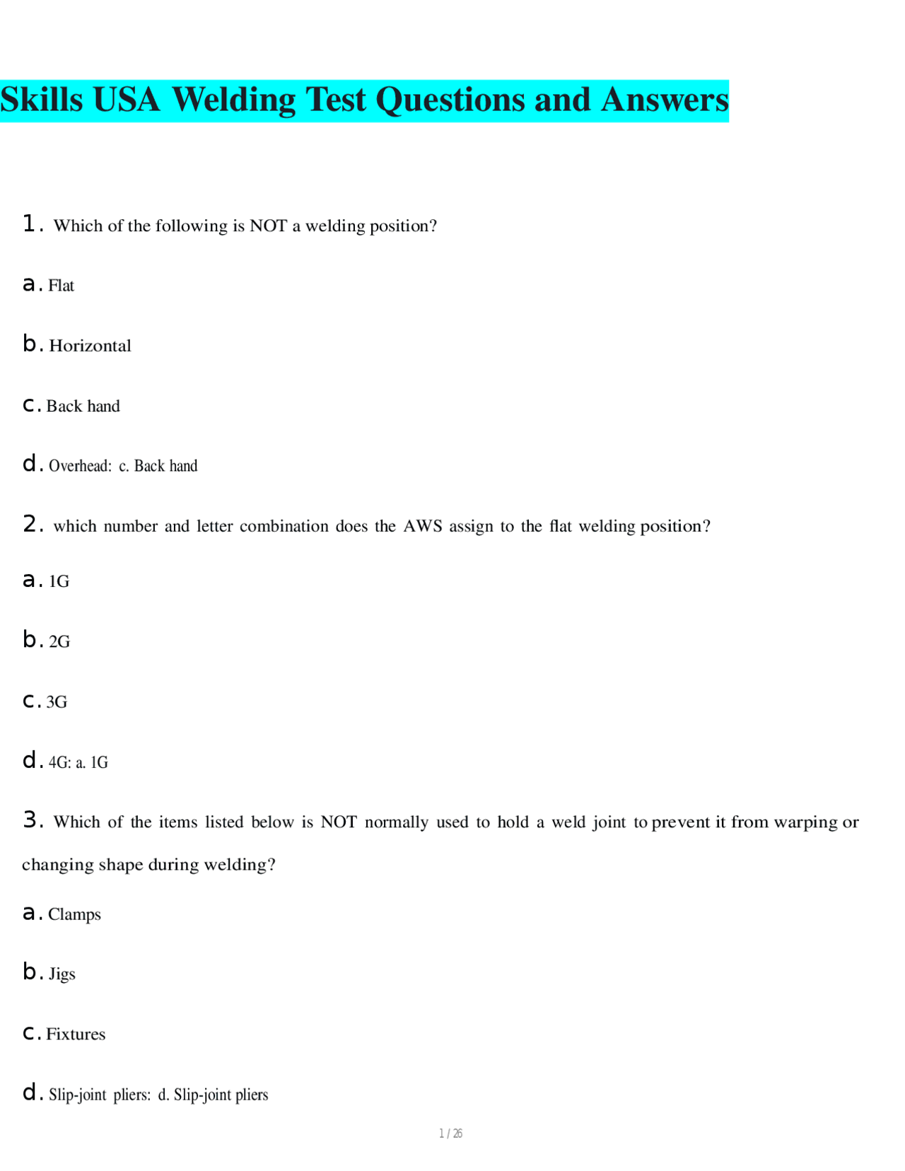Skills USA Welding Test Questions and Answers | Exams Electrical and ...