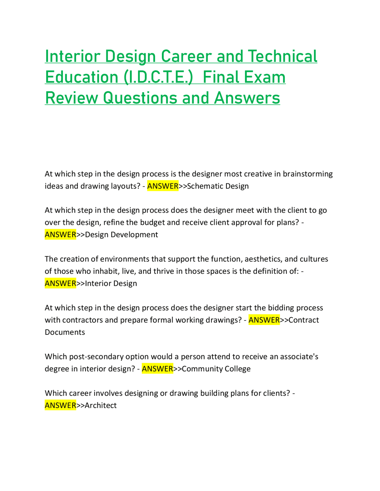 Interior Design Career and Technical Education (I.D.C.T.E.) Final Exam ...