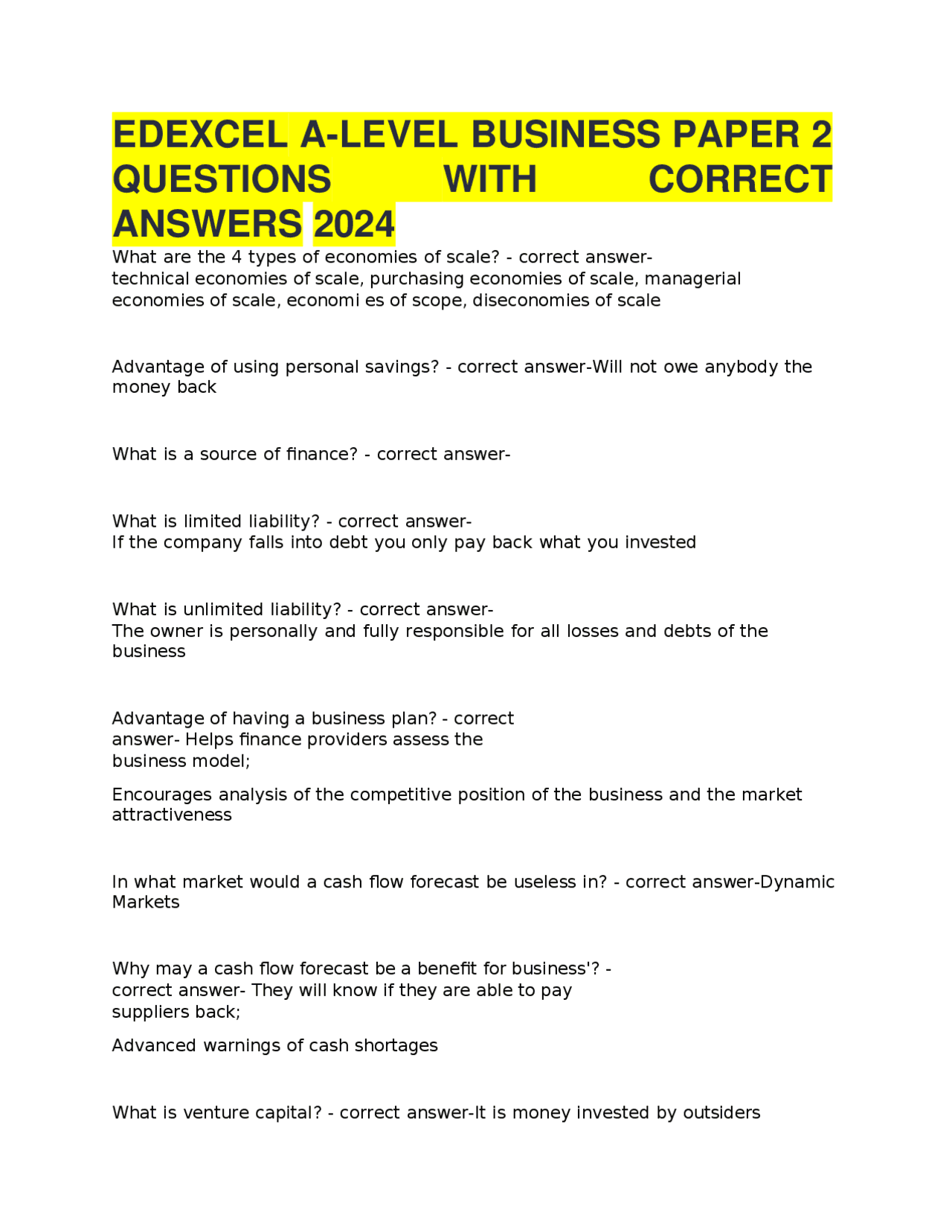 Edexcel A-Level Business Paper 2 Questions with Correct Answers 2026 ...