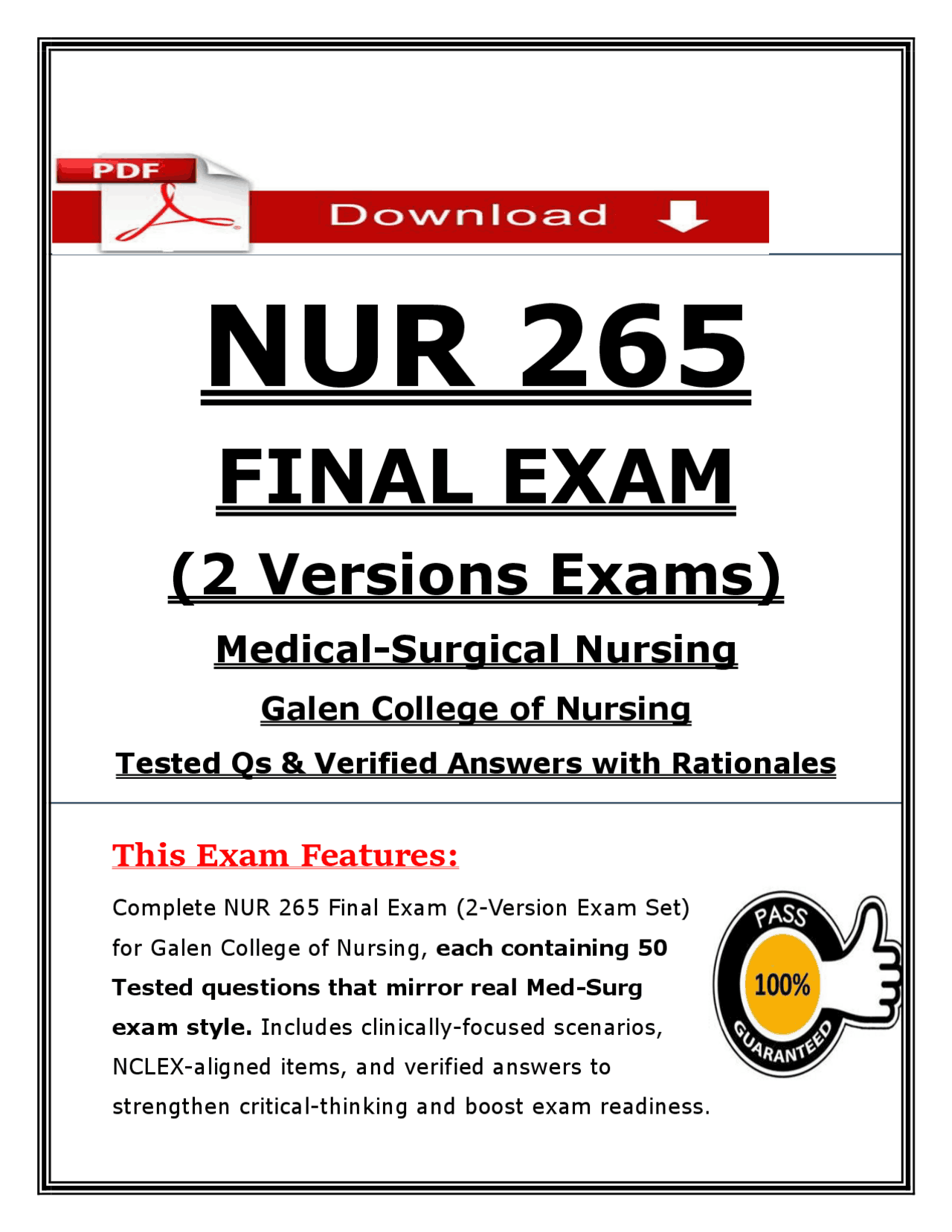 NUR 265 Final Exam (2026) (PDF) | Medical-Surgical Nursing | Galen ...