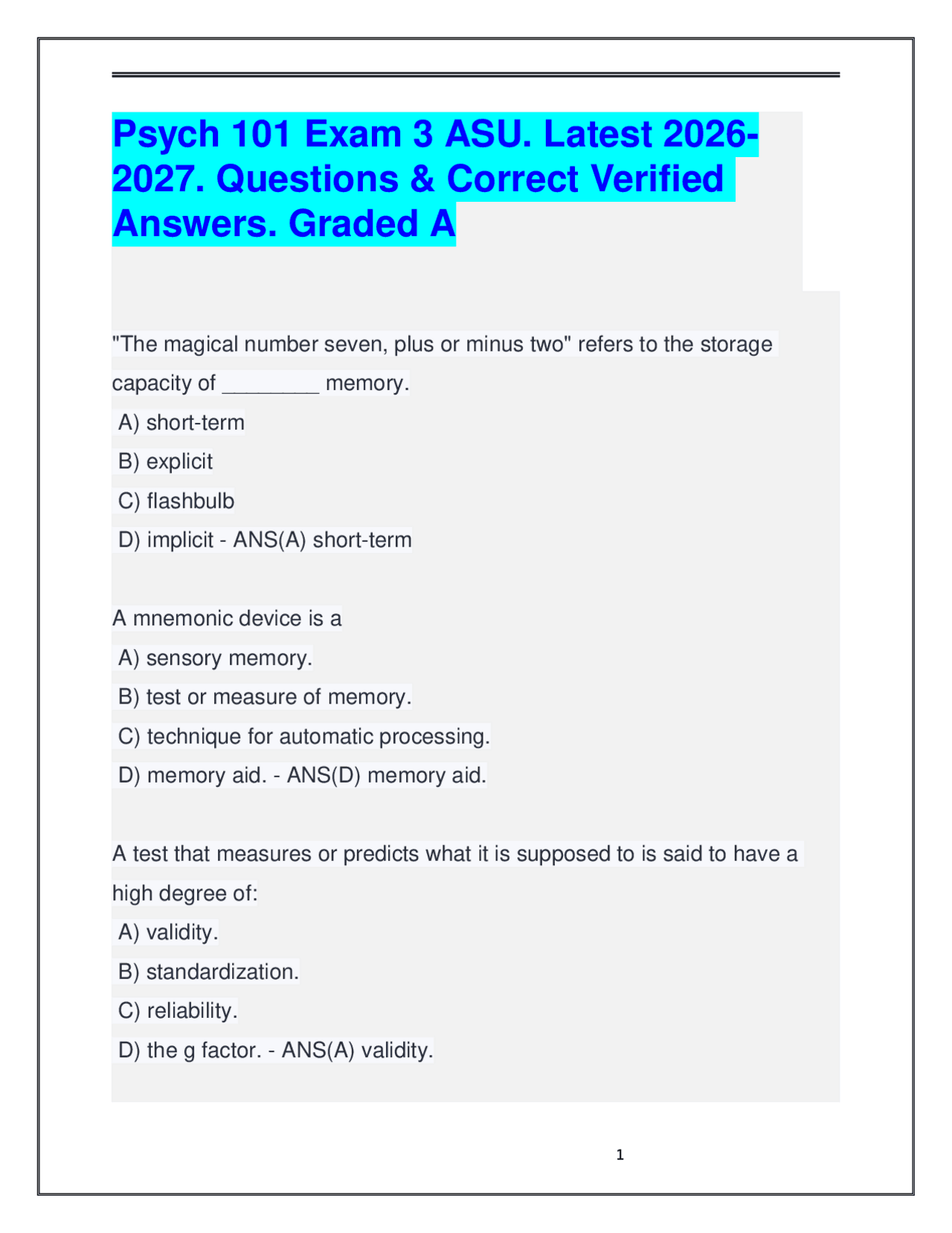 Psych 101 Exam 3 ASU. Latest 2026-2027. Questions & Correct Verified ...