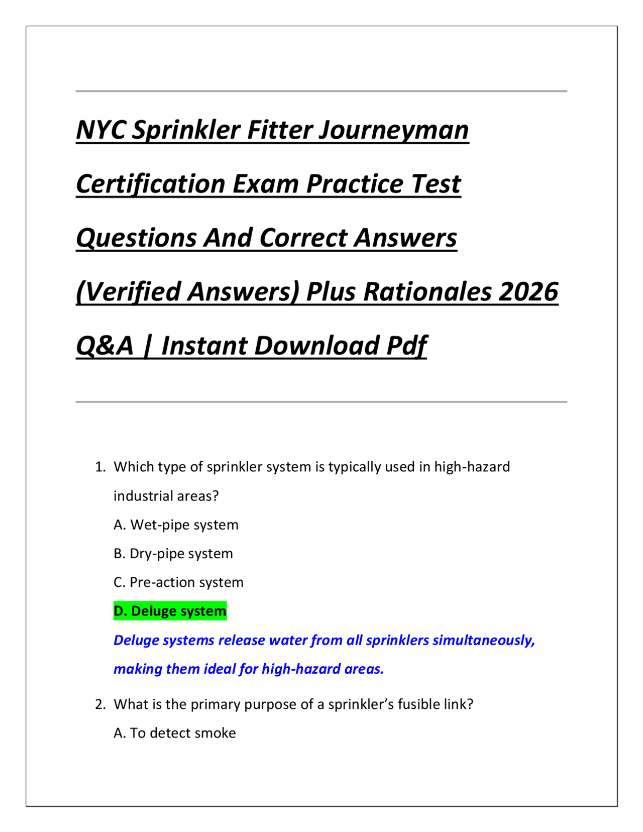 NYC Sprinkler Fitter Journeyman Certification Exam Practice Test Questions And Correct A | Exams ...