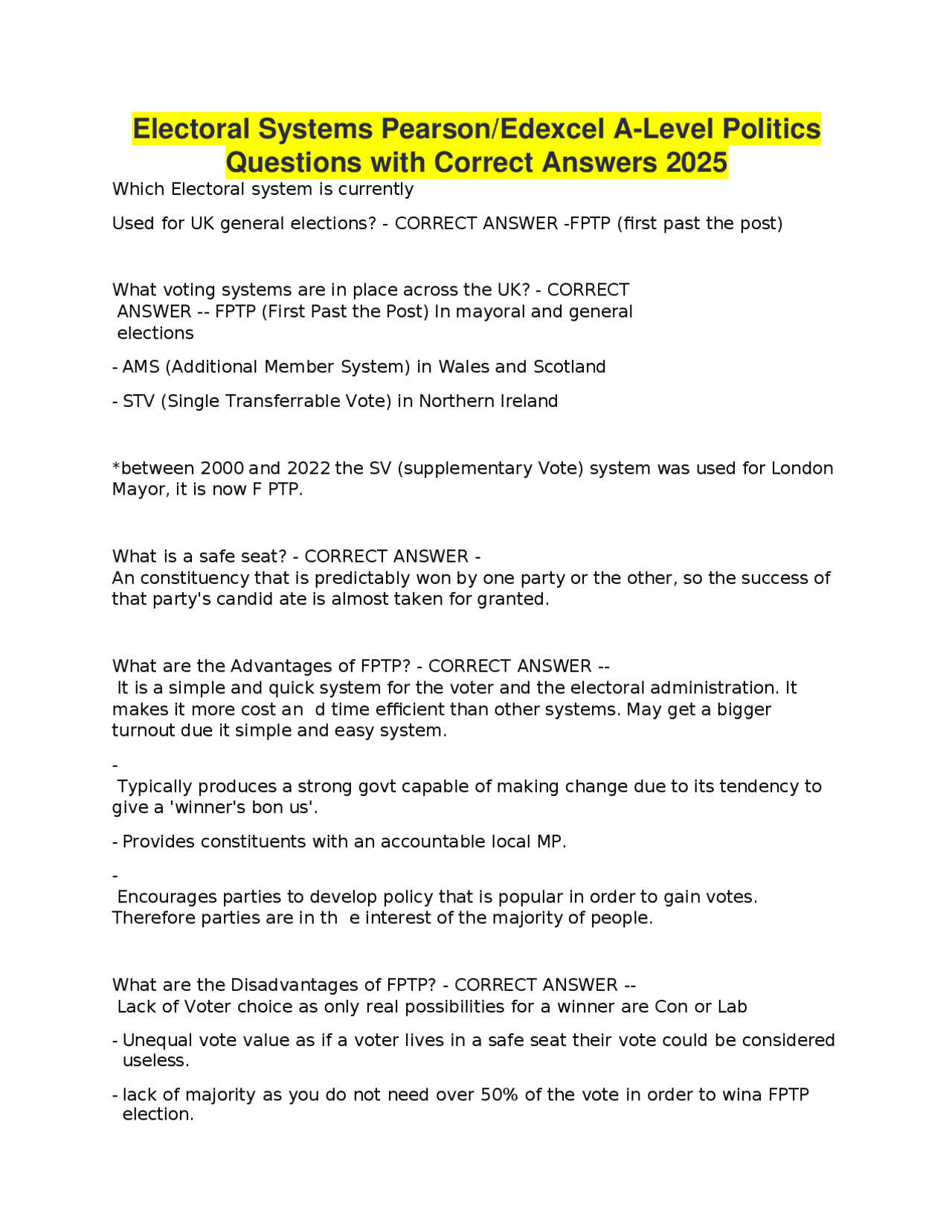 Electoral Systems Pearson-Edexcel A-Level Politics Questions with ...