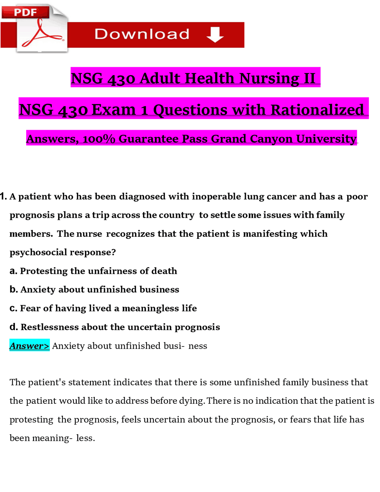 NSG 430 Adult Health Nursing II Exam 1 Questions & Rationales PDF 2026 ...