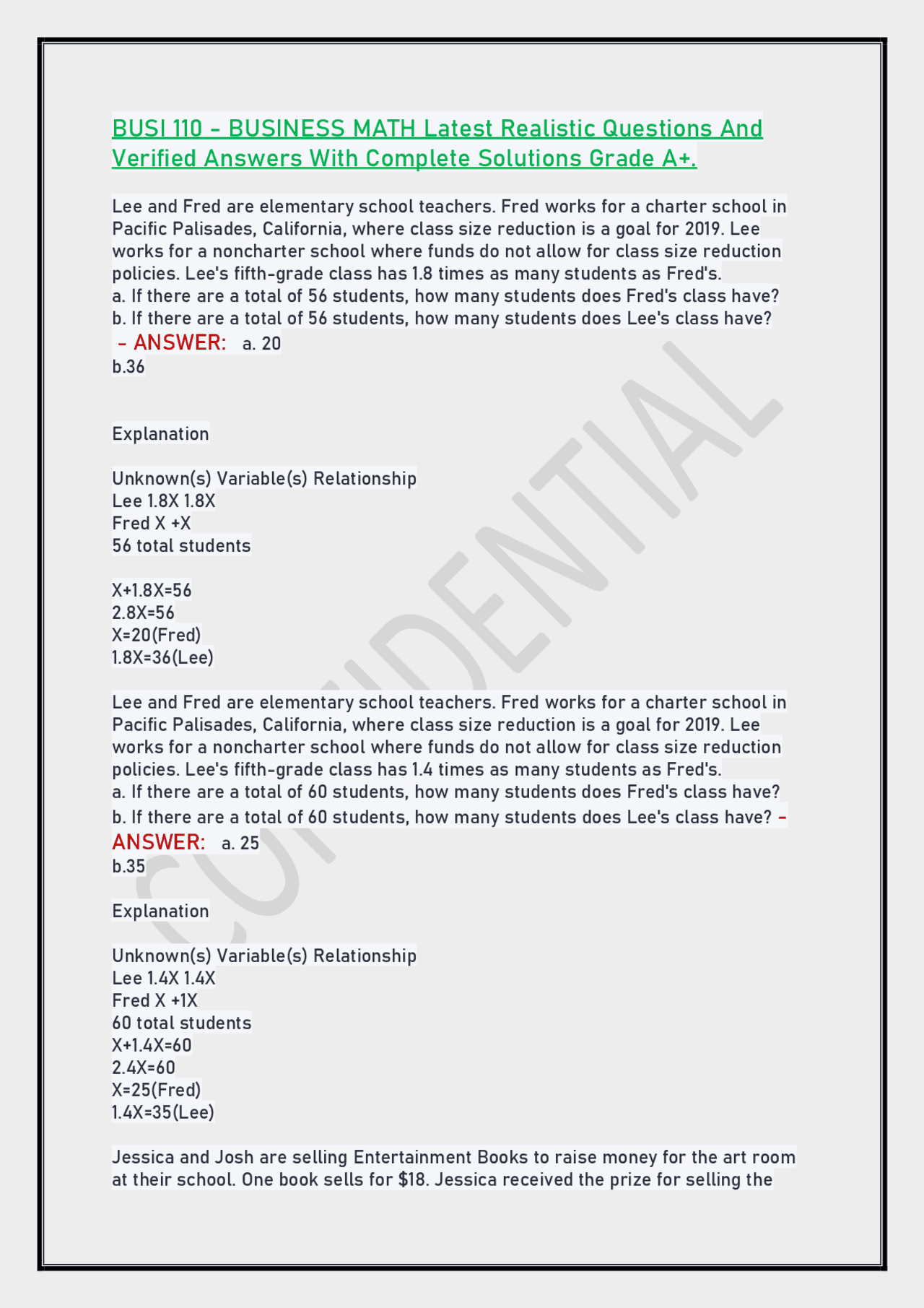 BUSI 110 - BUSINESS MATH Latest Realistic Questions And Verified Answers With Complete Sol ...