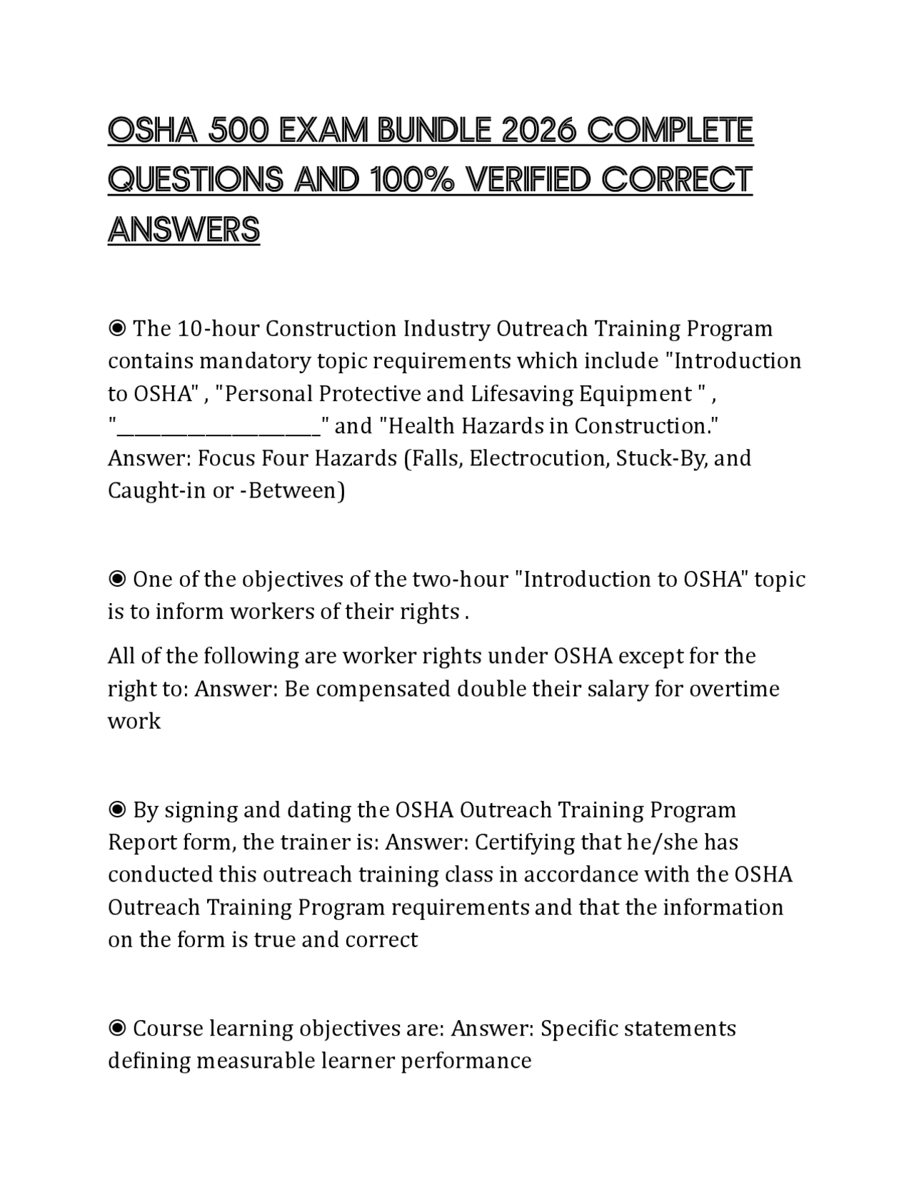 OSHA 500 EXAM BUNDLE 2026 COMPLETE QUESTIONS AND 100% VERIFIED CORRECT ...