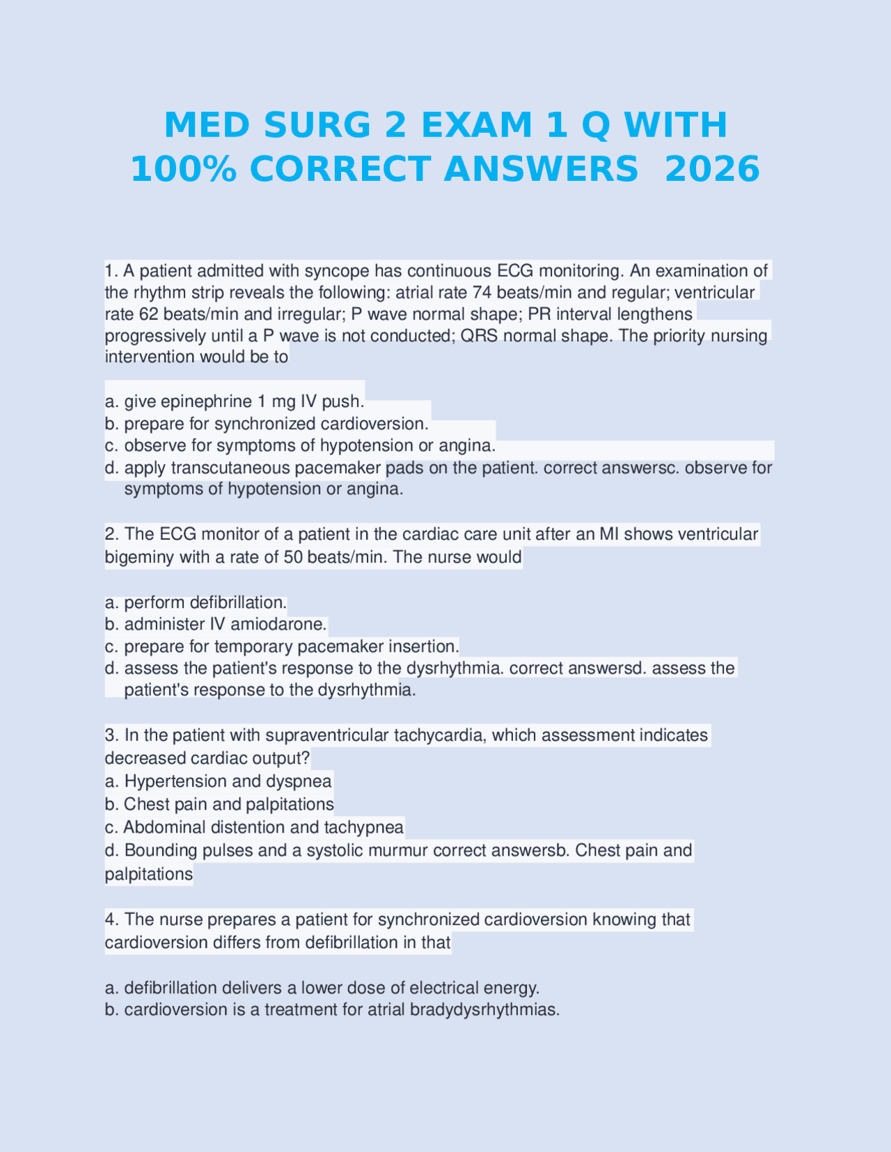 MED SURG 2 EXAM 1 Q WITH 100% CORRECT ANSWERS 2026 | Exams Nursing ...