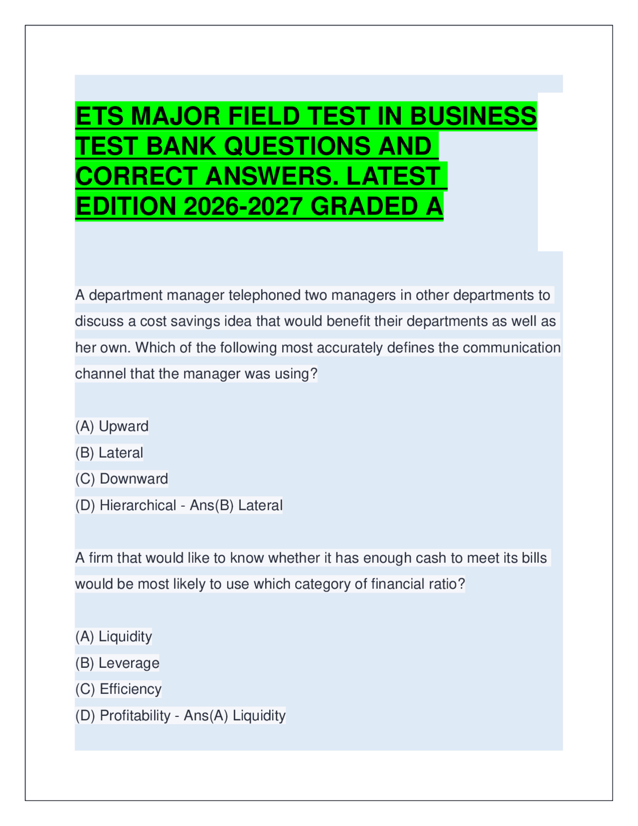 ETS MAJOR FIELD TEST IN BUSINESS QUESTIONS & ANSWERS. 2026 RATED A ...