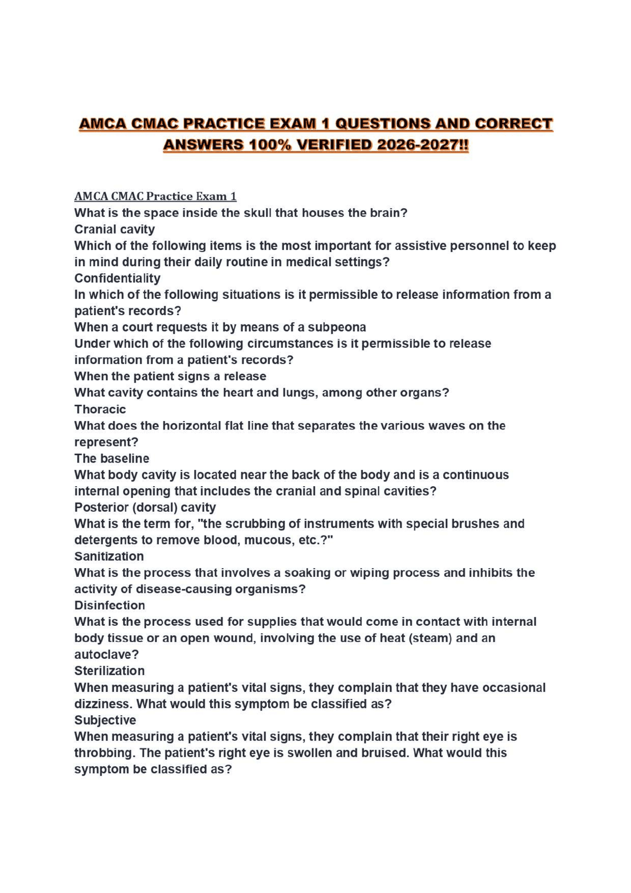 AMCA CMAC PRACTICE EXAM 1 QUESTIONS AND CORRECT ANSWERS 100
