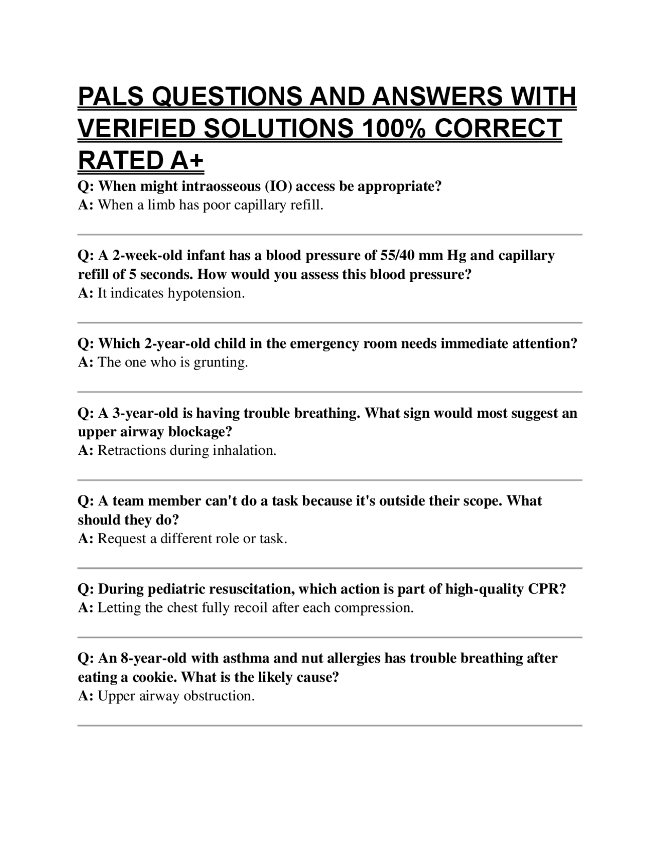 PALS QUESTIONS AND ANSWERS WITH VERIFIED SOLUTIONS 100% CORRECT RATED ...