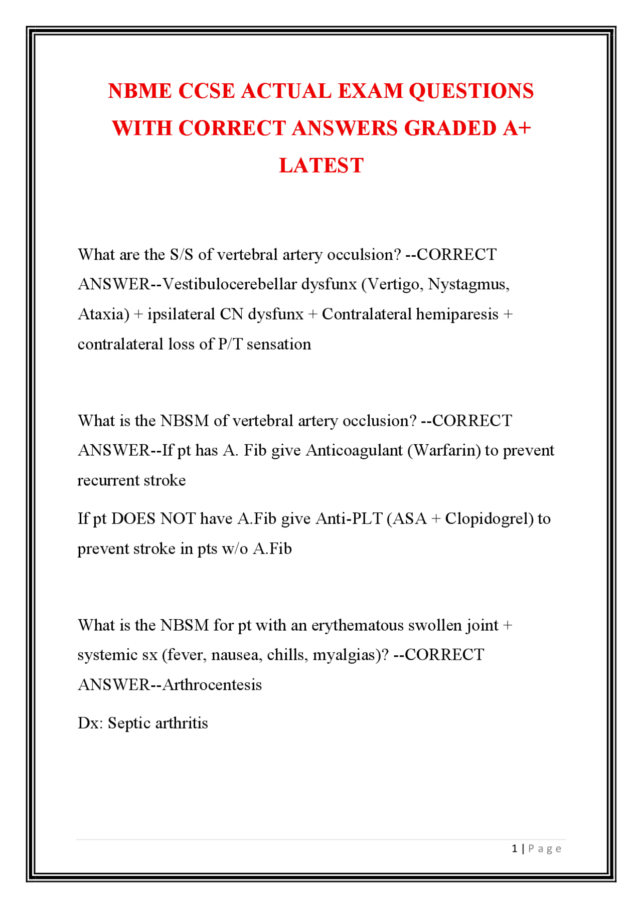 NBME CCSE Exam Questions with Correct Answers – Graded A+ | Latest ...