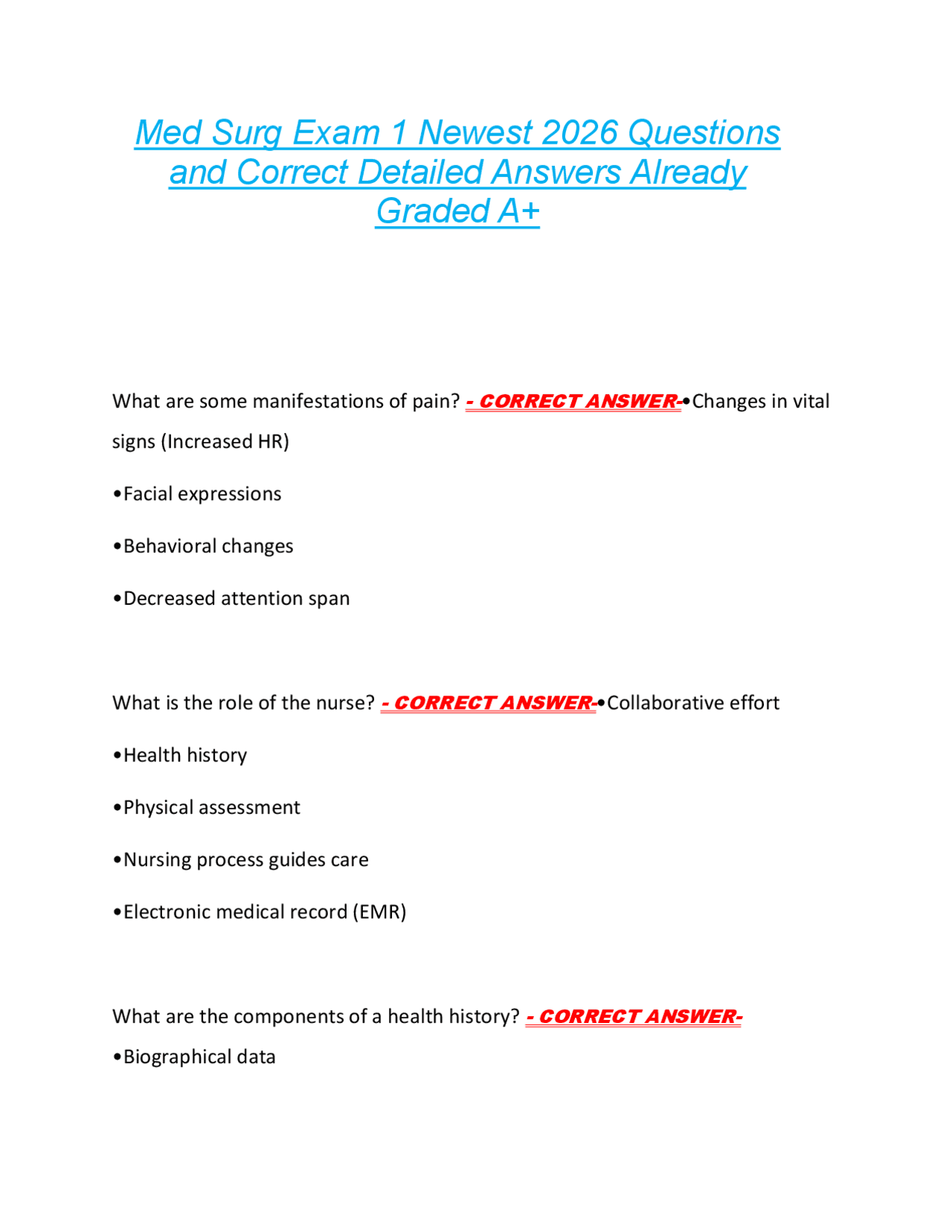 Med Surg Exam 1 Newest 2026 Questions and Correct Detailed Answers ...