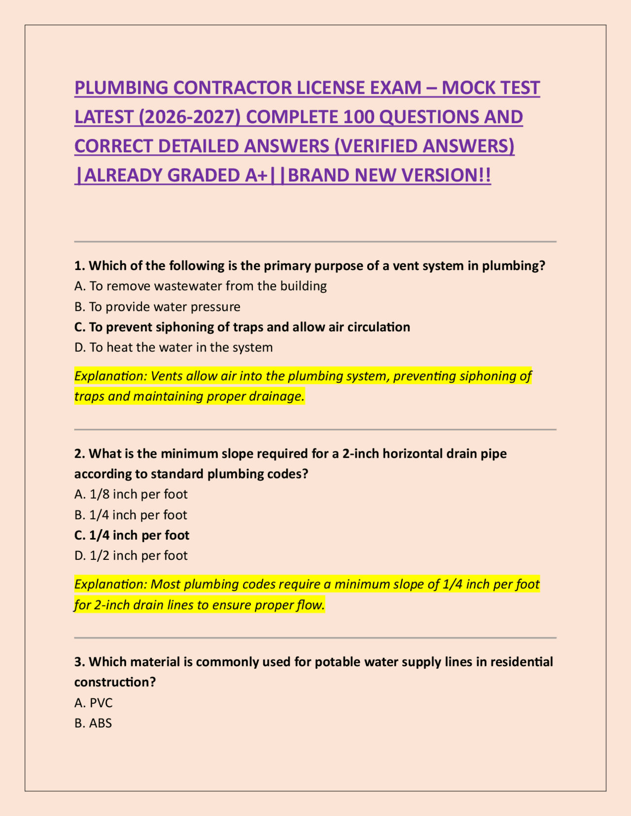 PLUMBING CONTRACTOR LICENSE EXAM – MOCK TEST LATEST (2026-2027