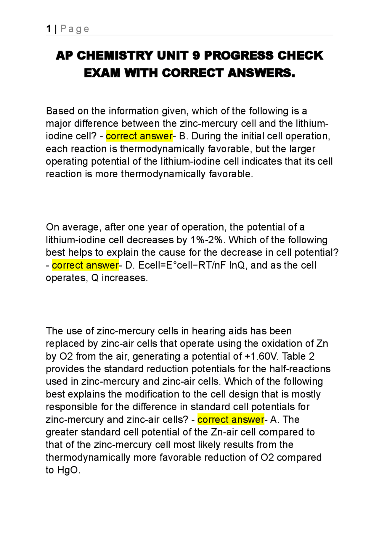 AP CHEMISTRY UNIT 9 PROGRESS CHECK EXAM WITH CORRECT ANSWERS. | Exams ...