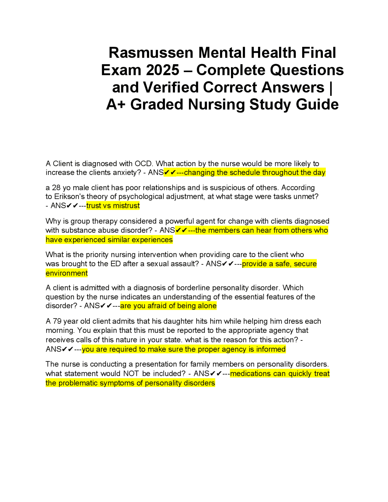 Rasmussen Mental Health Final Exam 2025 – Complete Questions and ...