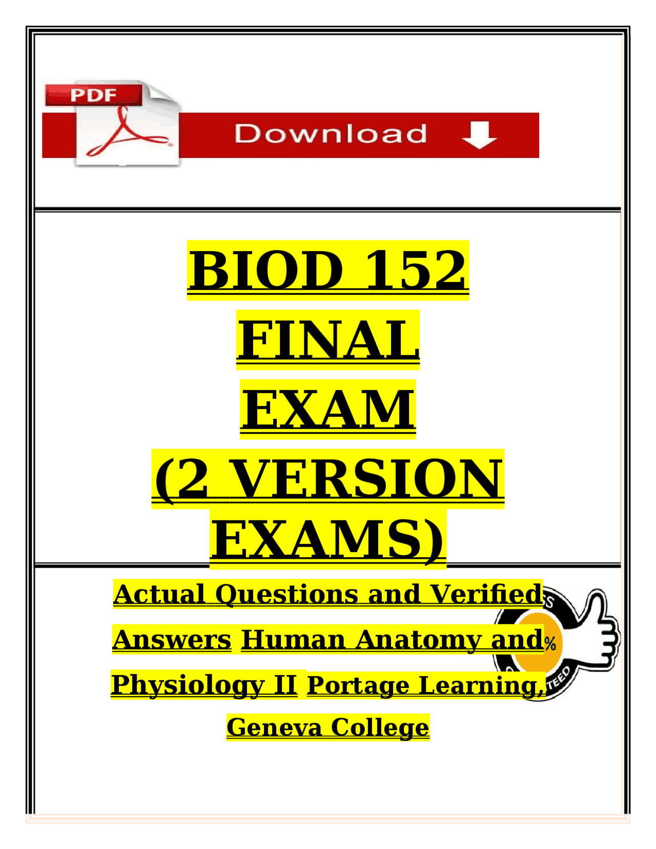 BIOD 152 Final Exam 2026 (PDF) | Human Anatomy & Physiology II ...