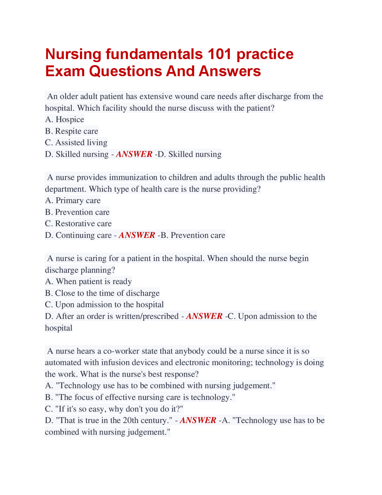 Nursing fundamentals 101 practice Exam Questions And Answers | Exams ...