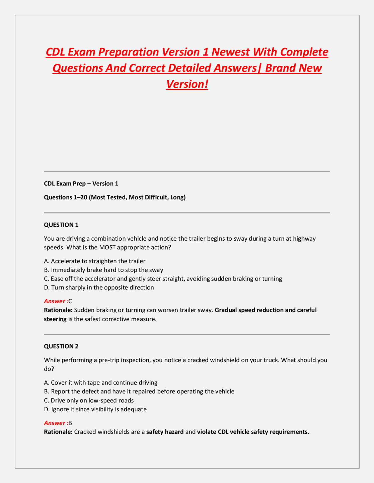 Cdl Prep Notes CDL Book Exam Prep Chapters 1,2,3,4,5,6,7,8,9,10 Newest With Complete ...
