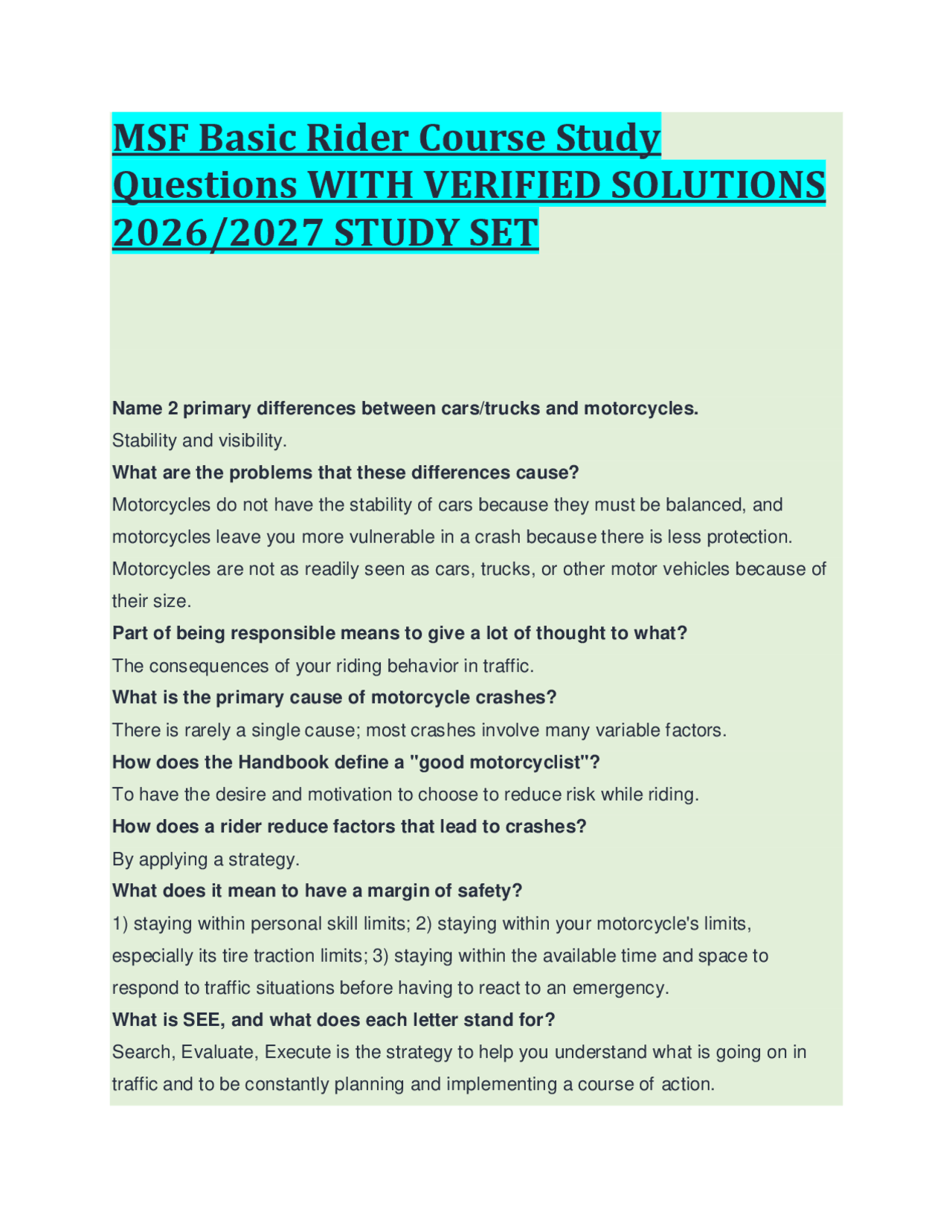 Msf Basic Rider Course Handbook Worksheet MSF Basic Rider Course Study Questions WITH VERIFIED SOLUTIONS 2026/ ...