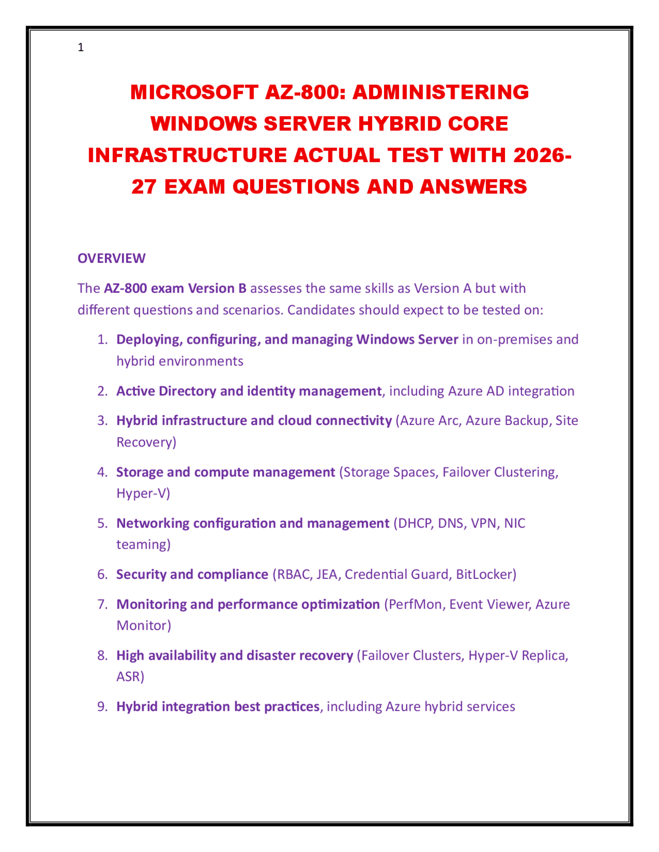 MICROSOFT AZ800 ADMINISTERING WINDOWS SERVER HYBRID CORE