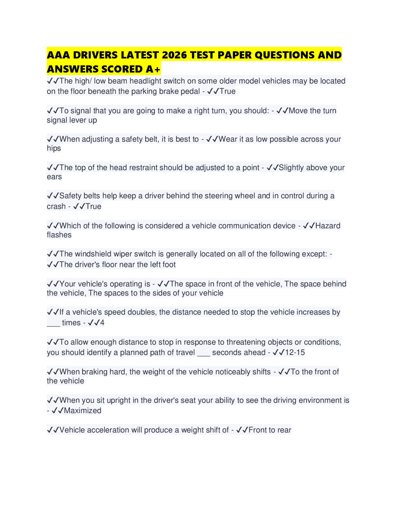 AAA DRIVERS LATEST 2026 TEST PAPER QUESTIONS AND ANSWERS SCORED A+ ...
