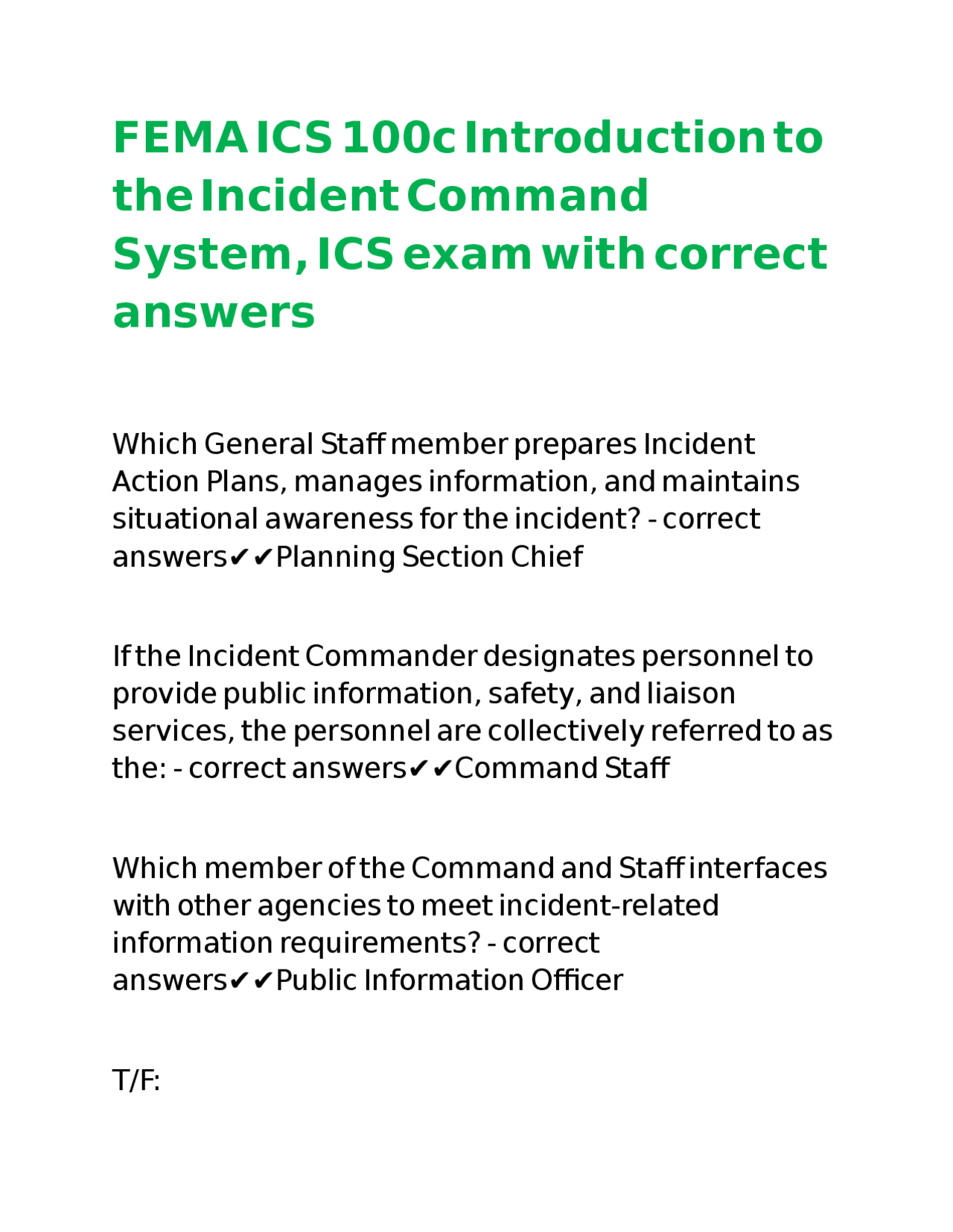 FEMA ICS 100c Introduction to the Incident Command System, ICS exam ...