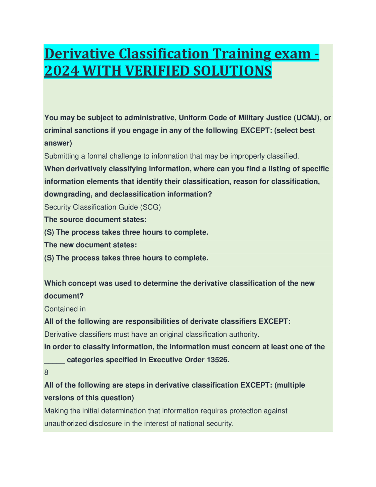 Derivative Classification Training exam - 2024 WITH VERIFIED SOLUTIONS ...