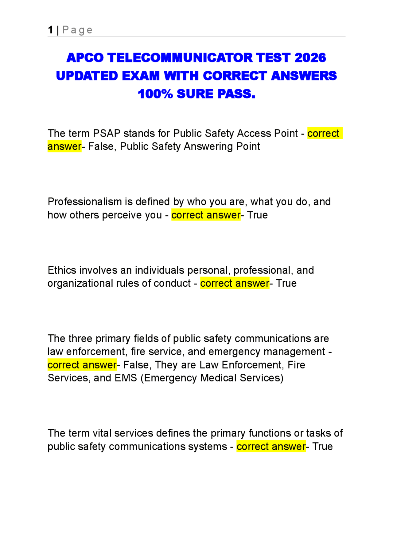 Telecoms Opm Test Examples APCO TELECOMMUNICATOR TEST 2026 UPDATED EXAM WITH CORRECT ANSWERS 100% ...