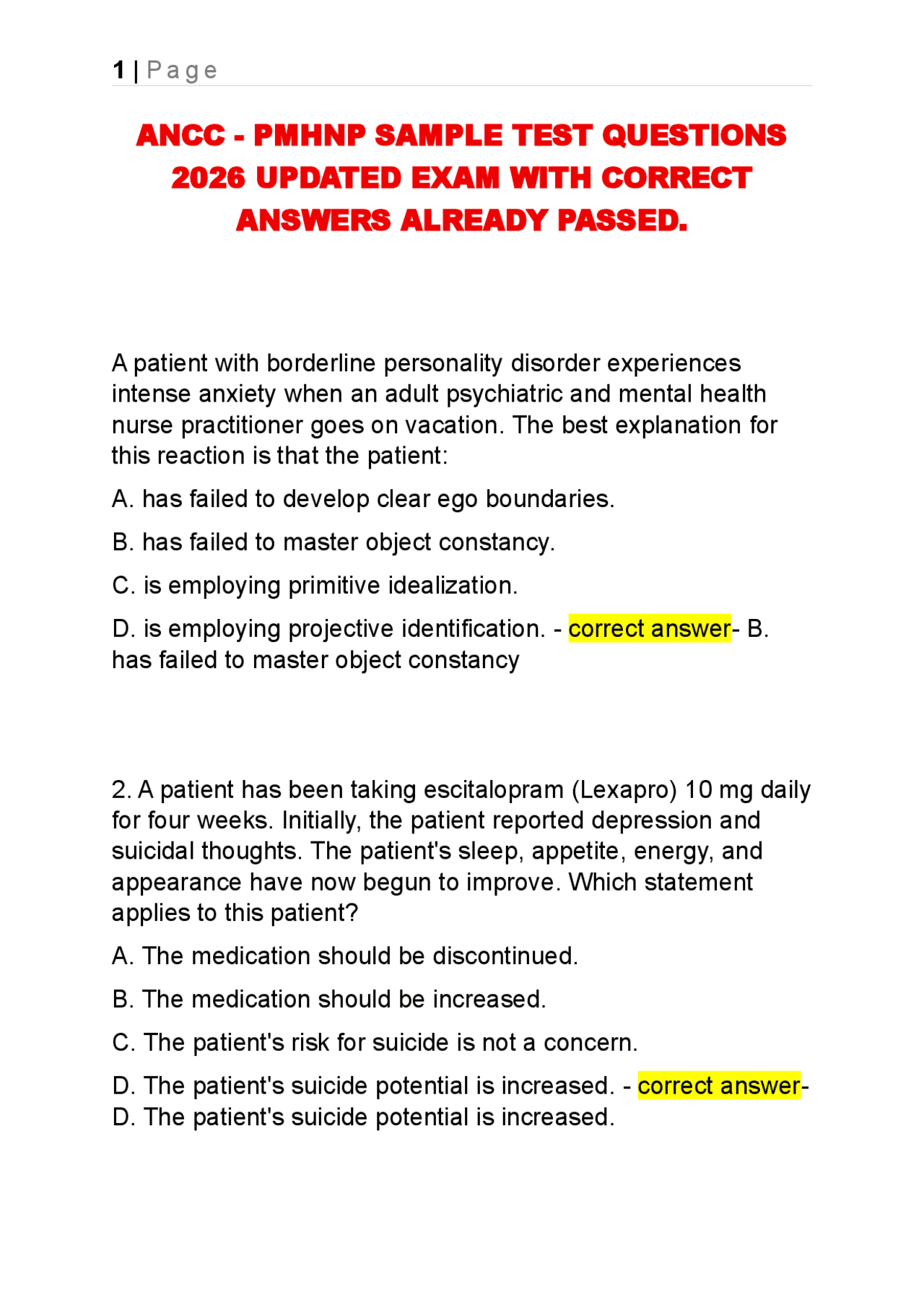 ANCC - PMHNP SAMPLE TEST QUESTIONS 2026 UPDATED EXAM WITH CORRECT ...