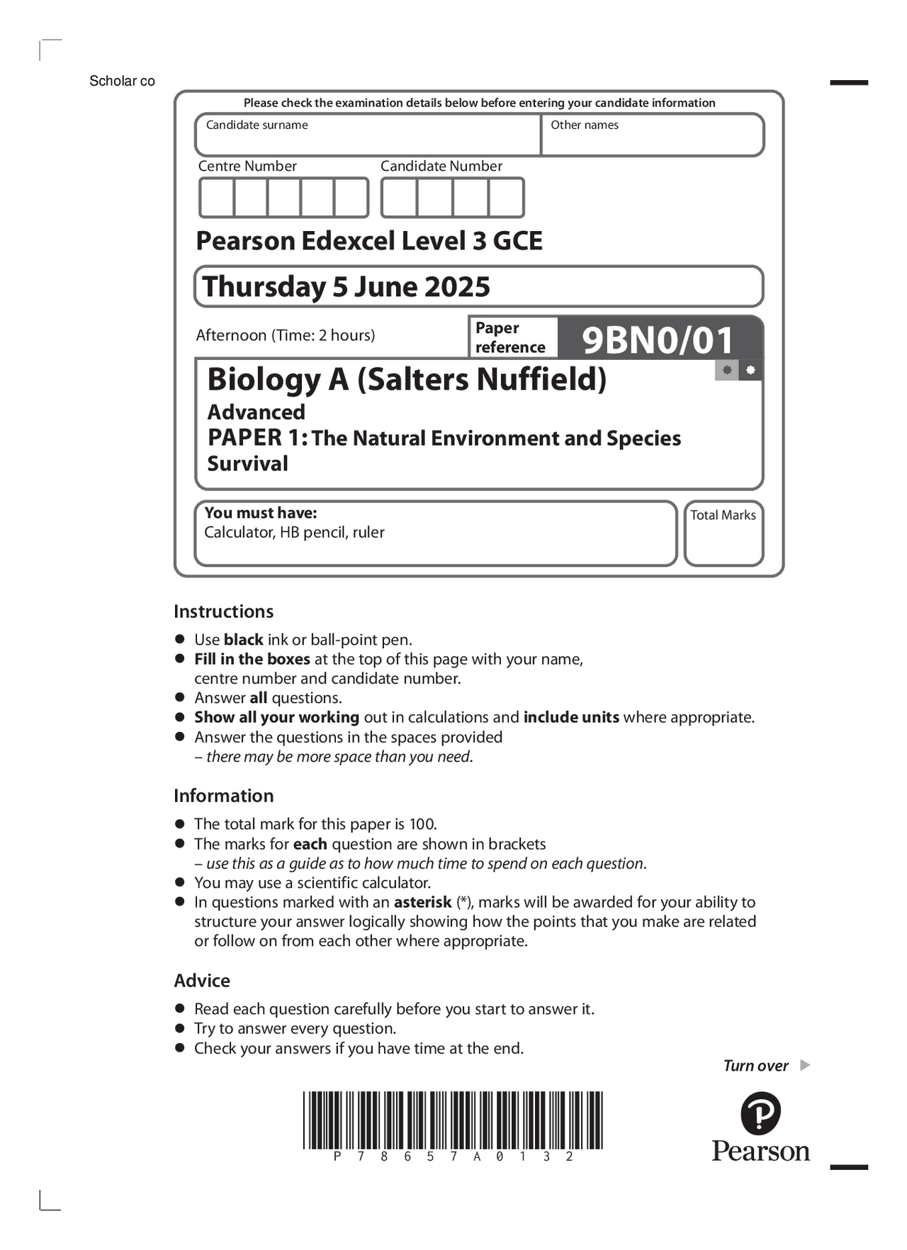 2025 Pearson Edexcel LvL3 GCE A Biology A (Salters) 9BN0/01 Natural ...