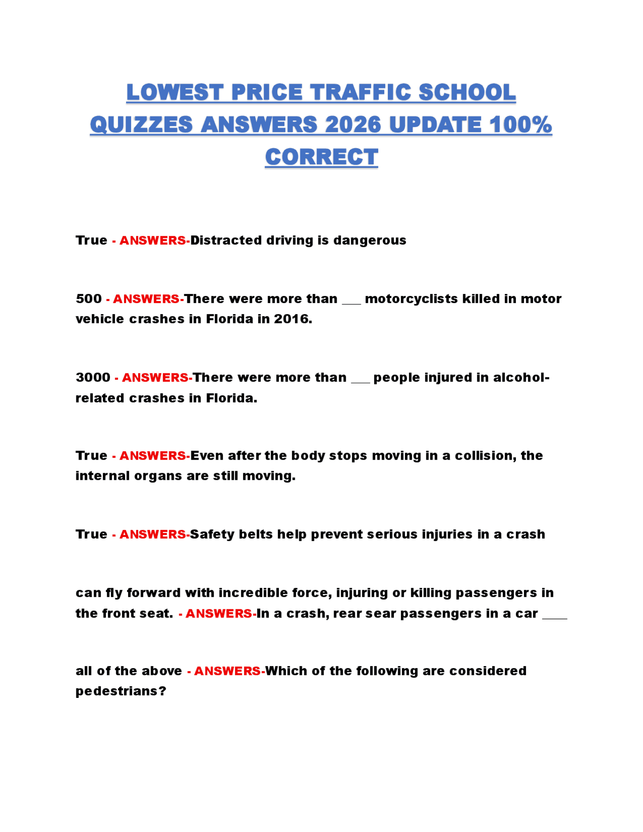 LOWEST PRICE TRAFFIC SCHOOL QUIZZES ANSWERS | 2026 UPDATE | 100