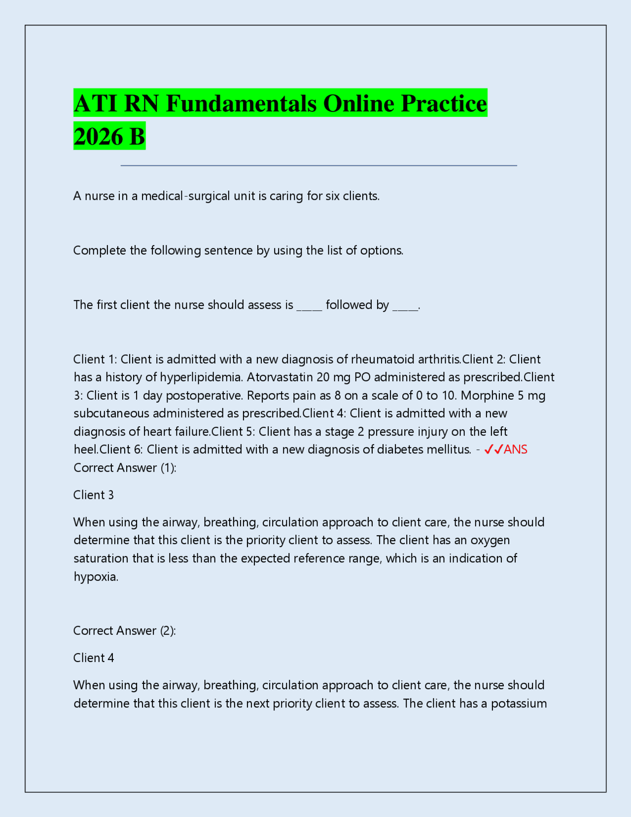 ATI RN Fundamentals Online Practice B 2026: Practice Questions with ...
