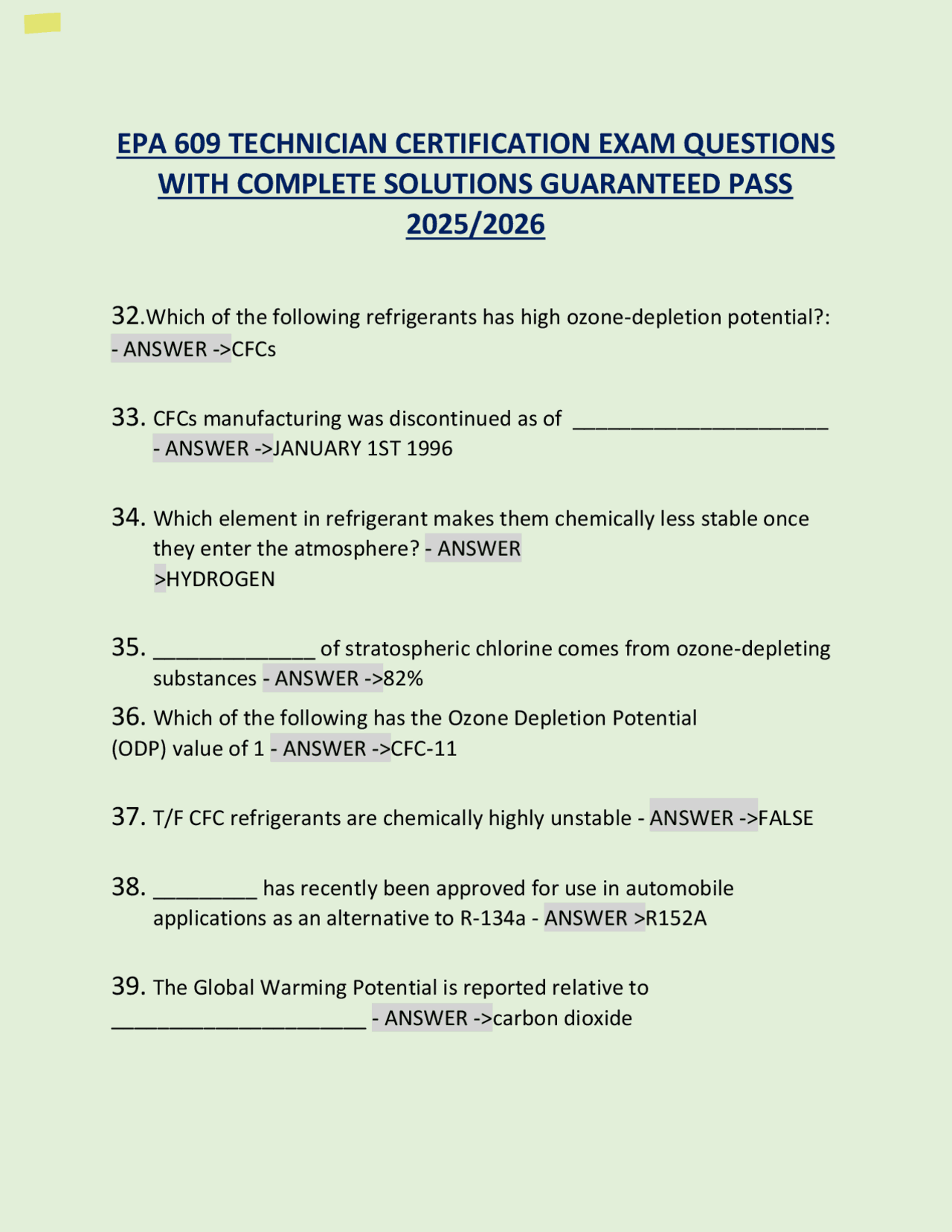 EPA 609 TECHNICIAN CERTIFICATION EXAM QUESTIONS WITH COMPLETE SOLUTIONS ...