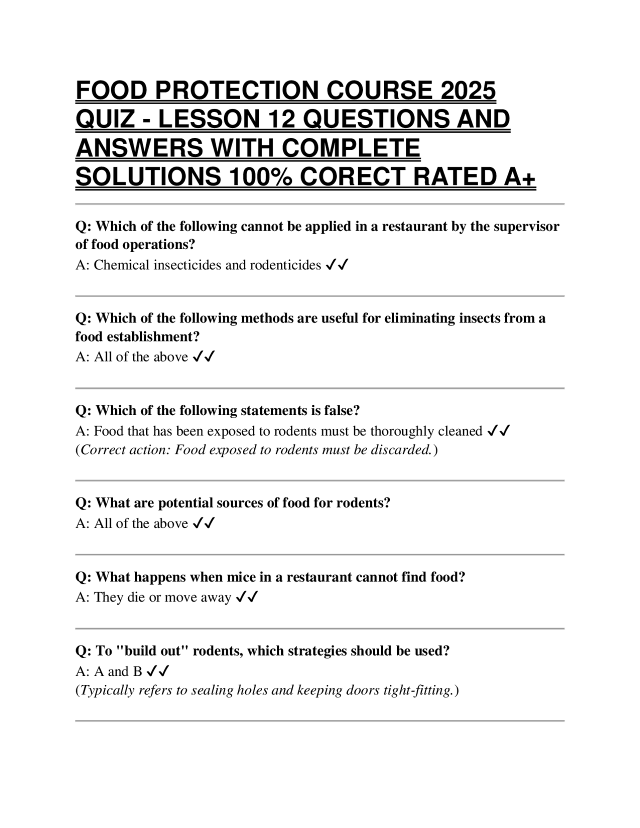 Foodtech Course Quiz FOOD PROTECTION COURSE 2018 QUIZ - LESSON 12 QUESTIONS AND ANSWERS WITH ...