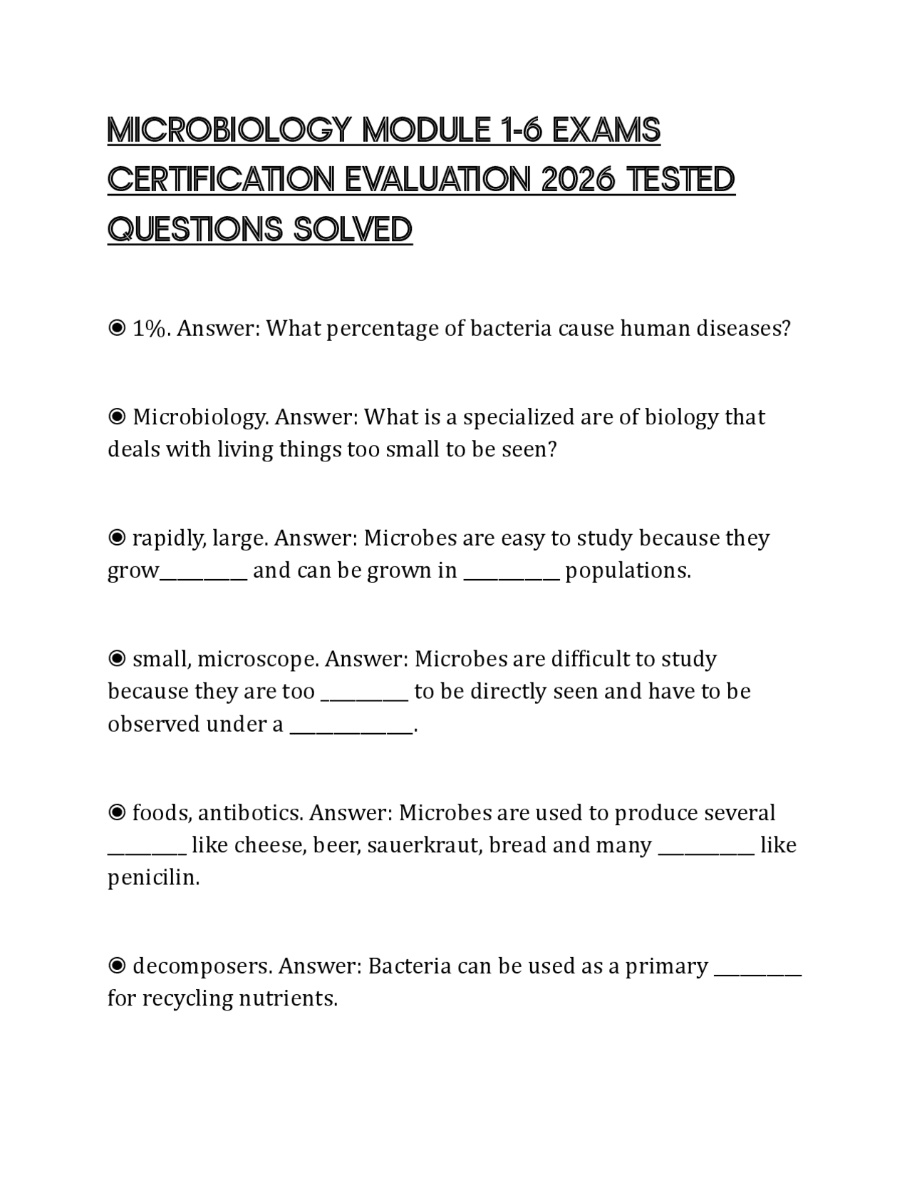 MICROBIOLOGY MODULE 1-6 EXAMS CERTIFICATION EVALUATION 2026 TESTED ...