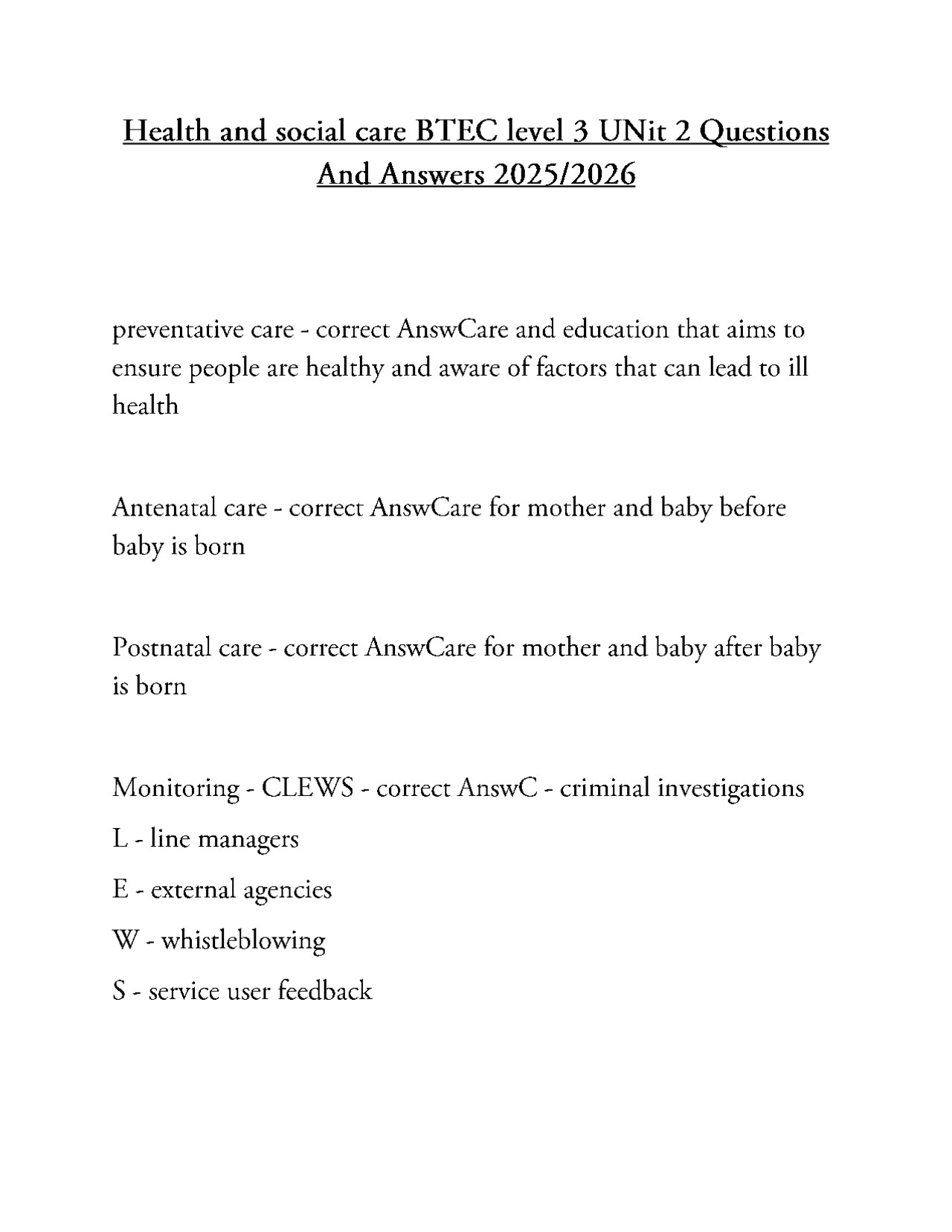 Health and social care BTEC level 3 UNit 2 Questions And Answers 2025/ ...
