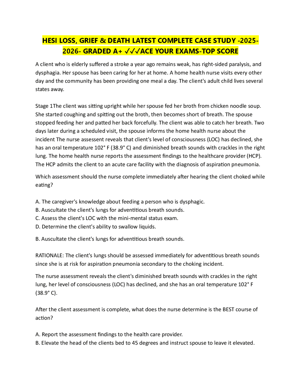 HESI LOSS, GRIEF &amp; DEATH LATEST COMPLETE CASE STUDY -2025 2026- GRADED ...
