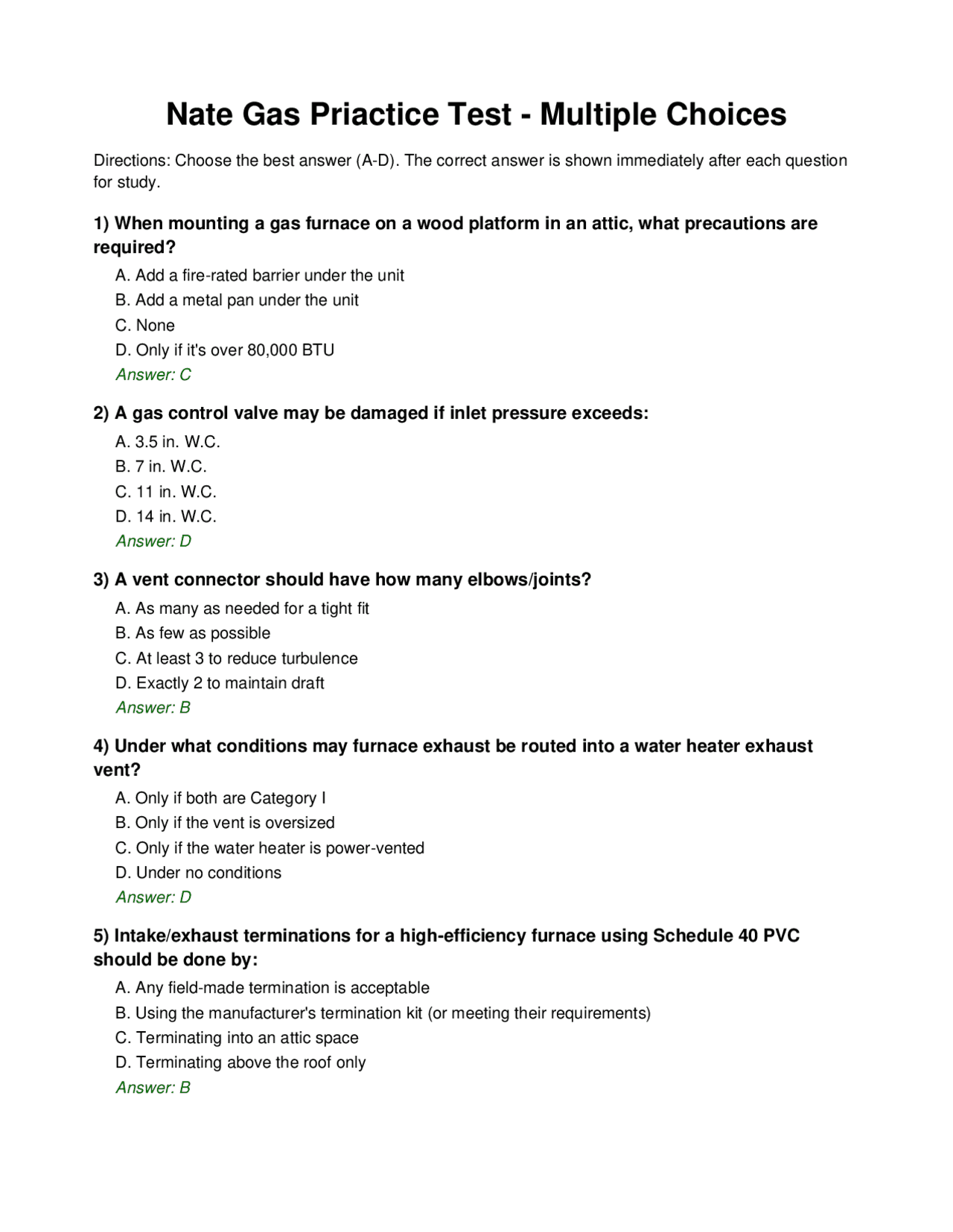 NATE GAS HEAT Practice Test | Study notes Thermodynamics | Docsity