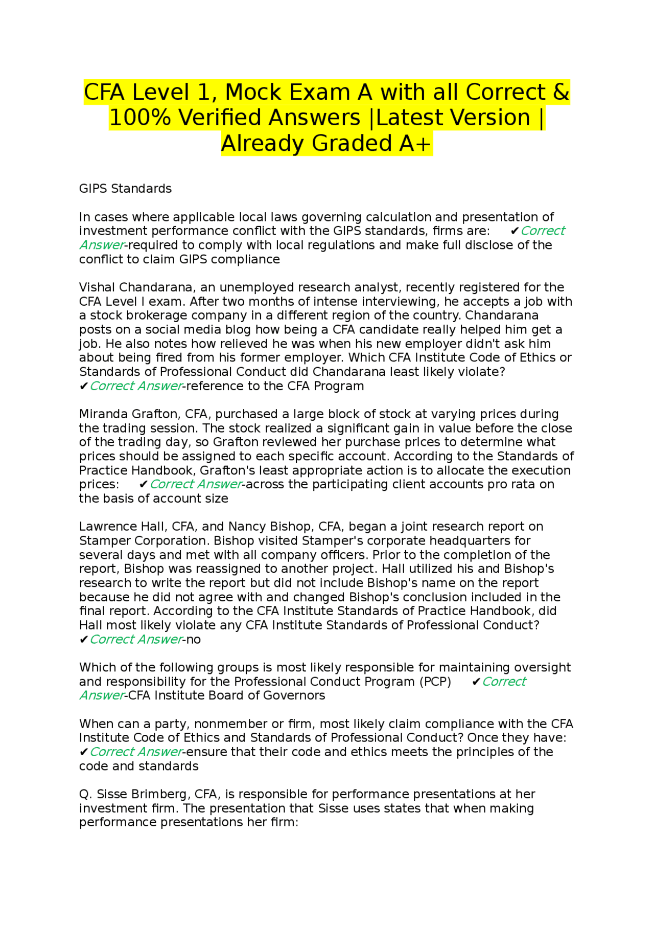 CFA Level 1, Mock Exam A with all Correct & 100% Verified Answers ...