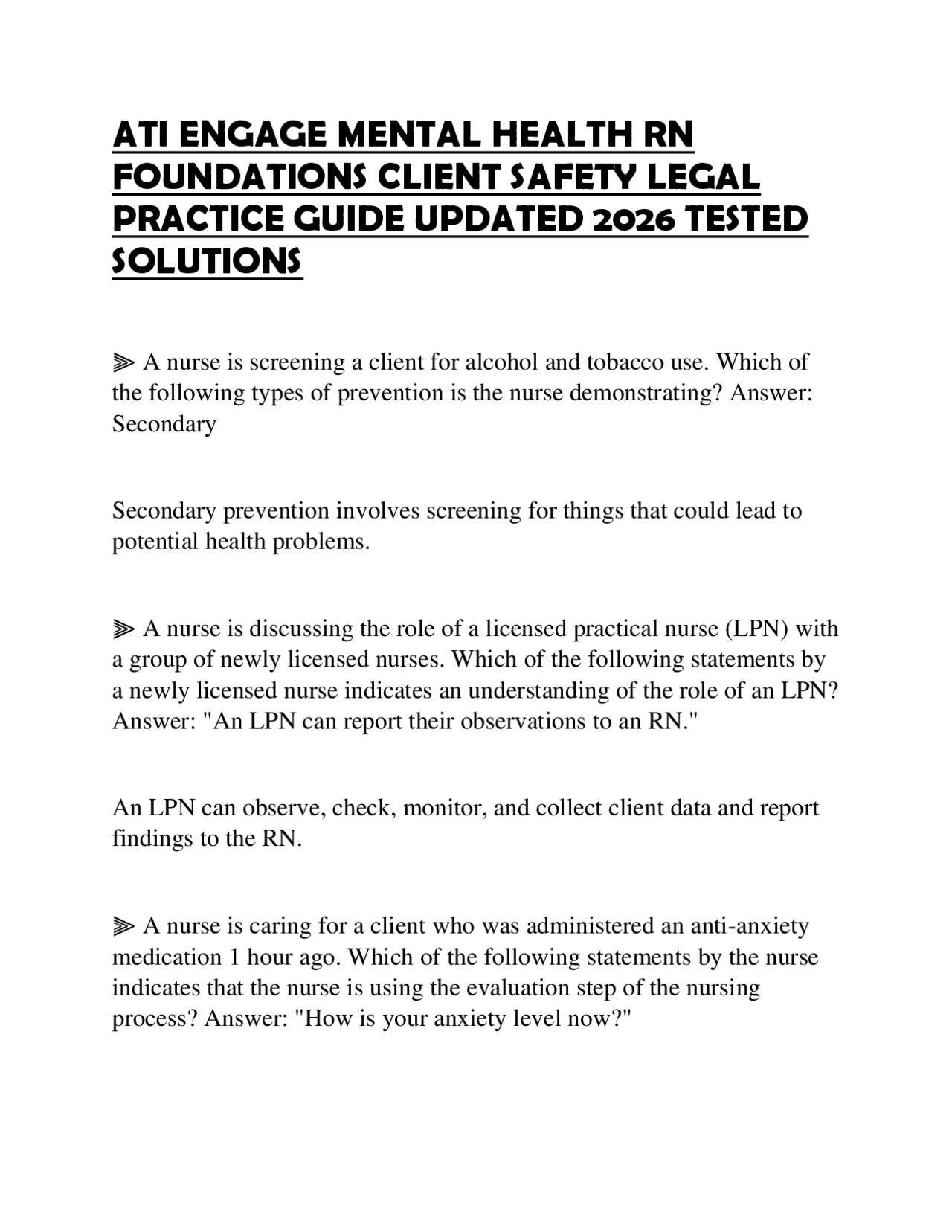 ATI ENGAGE MENTAL HEALTH RN FOUNDATIONS CLIENT SAFETY LEGAL PRACTICE GUIDE  UPDATED 2026 TE | Exams Nursing