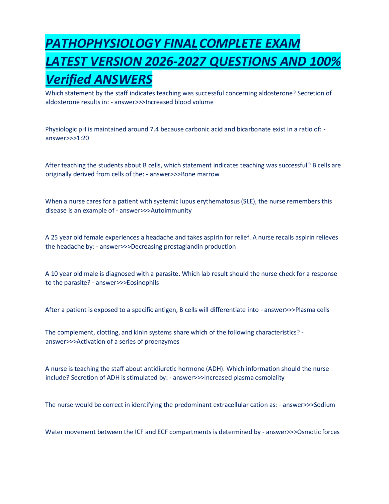PATHOPHYSIOLOGY FINAL COMPLETE EXAM LATEST VERSION 2026-2027 QUESTIONS ...